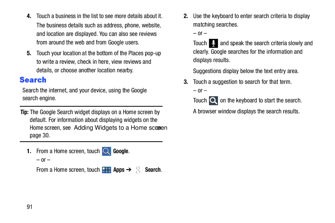 Samsung GT-P3113 user manual From a Home screen, touch Google, From a Home screen, touch Apps Search 