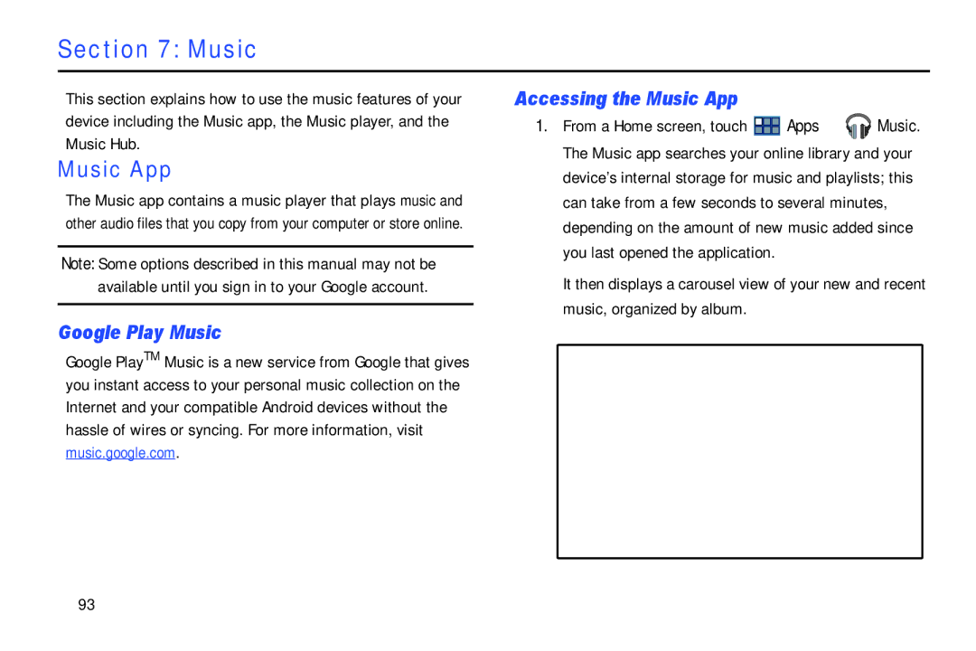 Samsung GT-P3113 user manual Google Play Music, Accessing the Music App 