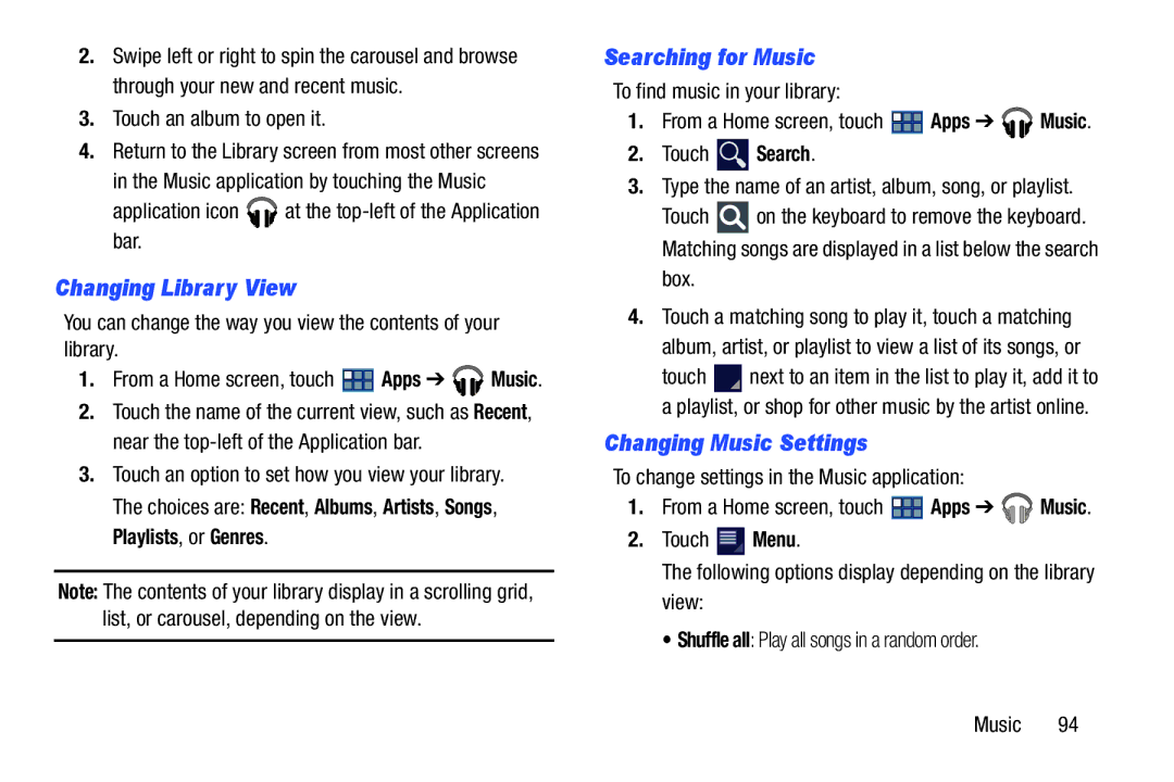 Samsung GT-P3113 user manual Changing Library View, Searching for Music, Changing Music Settings 