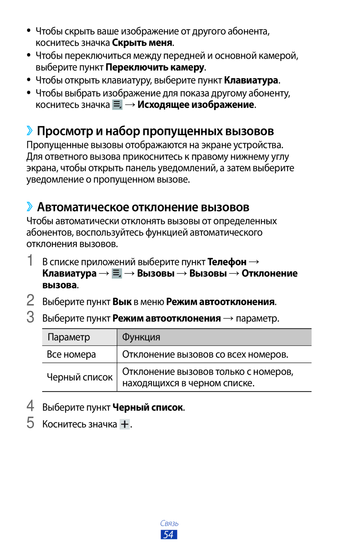 Samsung GT-P5100 manual ››Просмотр и набор пропущенных вызовов, ››Автоматическое отклонение вызовов 