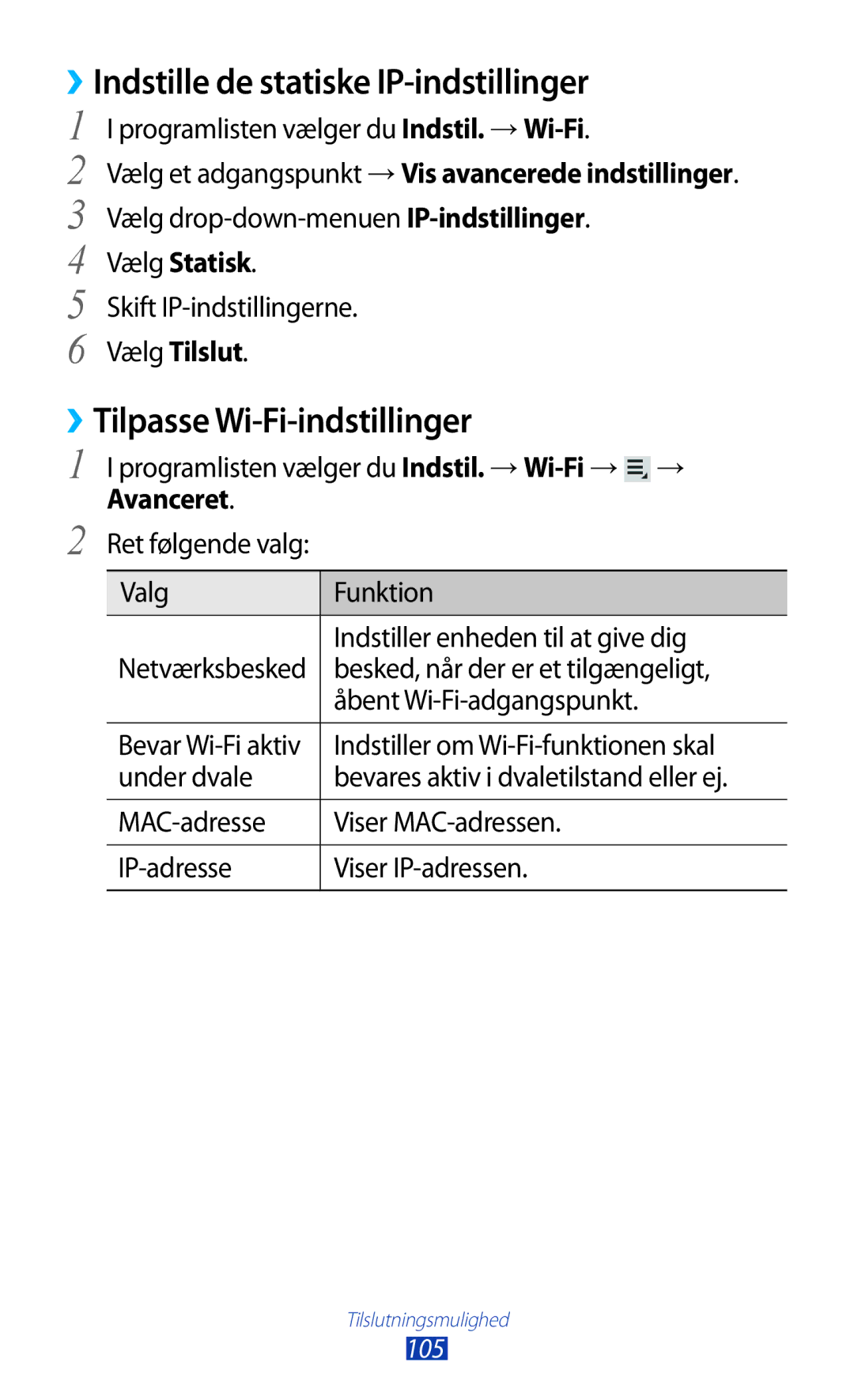 Samsung GT-P5100ZWANEE manual ››Indstille de statiske IP-indstillinger, ››Tilpasse Wi-Fi-indstillinger, Vælg Statisk 