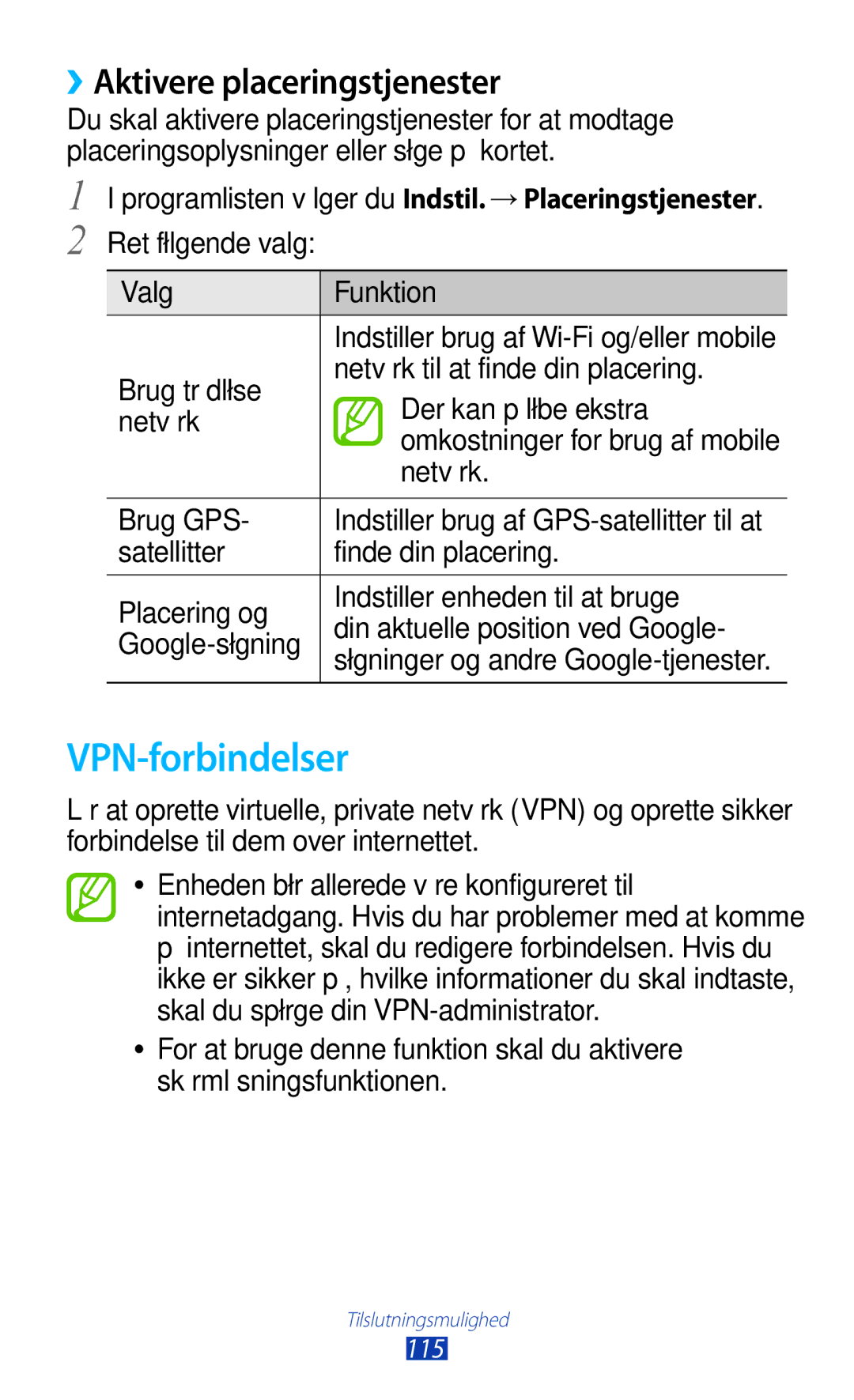 Samsung GT-P5100ZWENEE, GT-P5100GRANEE, GT-P5100ZWANEE, GT-P5100TSANEE manual VPN-forbindelser, ››Aktivere placeringstjenester 