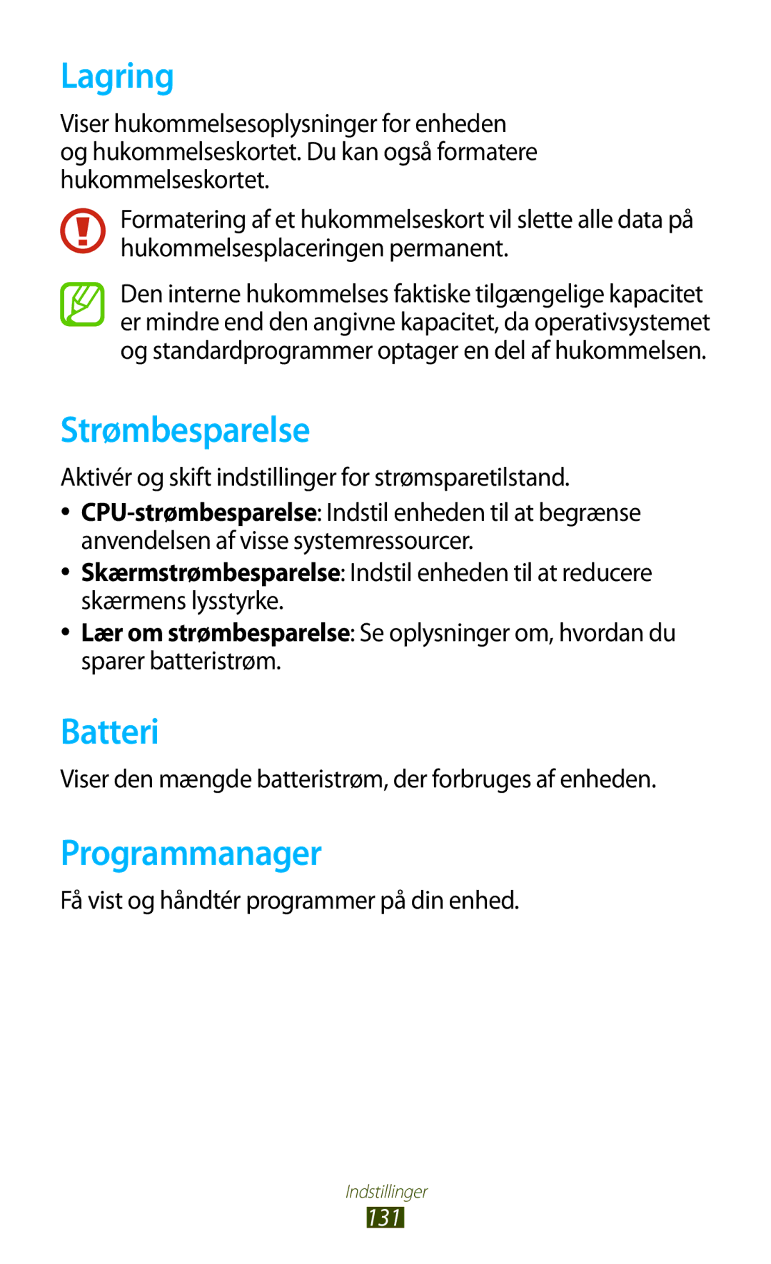 Samsung GT-P5100ZWENEE, GT-P5100GRANEE, GT-P5100ZWANEE, GT-P5100TSANEE Lagring, Strømbesparelse, Batteri, Programmanager 