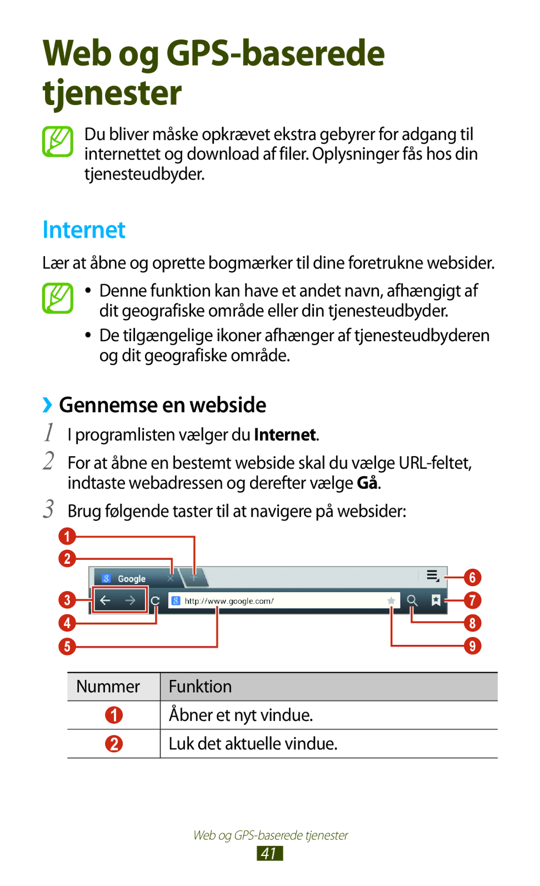 Samsung GT-P5100ZWANEE, GT-P5100GRANEE, GT-P5100TSANEE manual ››Gennemse en webside, Programlisten vælger du Internet 