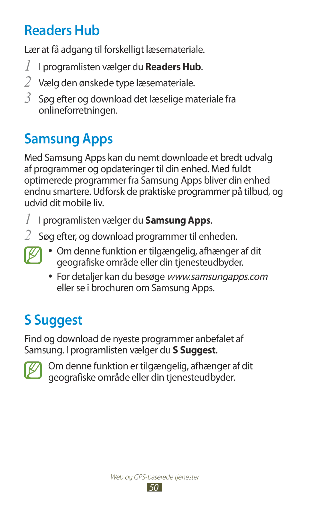 Samsung GT-P5100TSANEE, GT-P5100GRANEE Readers Hub, Samsung Apps, Suggest, Lær at få adgang til forskelligt læsemateriale 