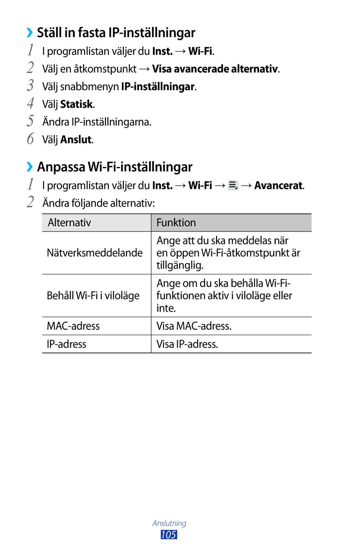 Samsung GT-P5100ZWANEE, GT-P5100GRANEE manual ››Ställ in fasta IP-inställningar, ››Anpassa Wi-Fi-inställningar, Välj Statisk 