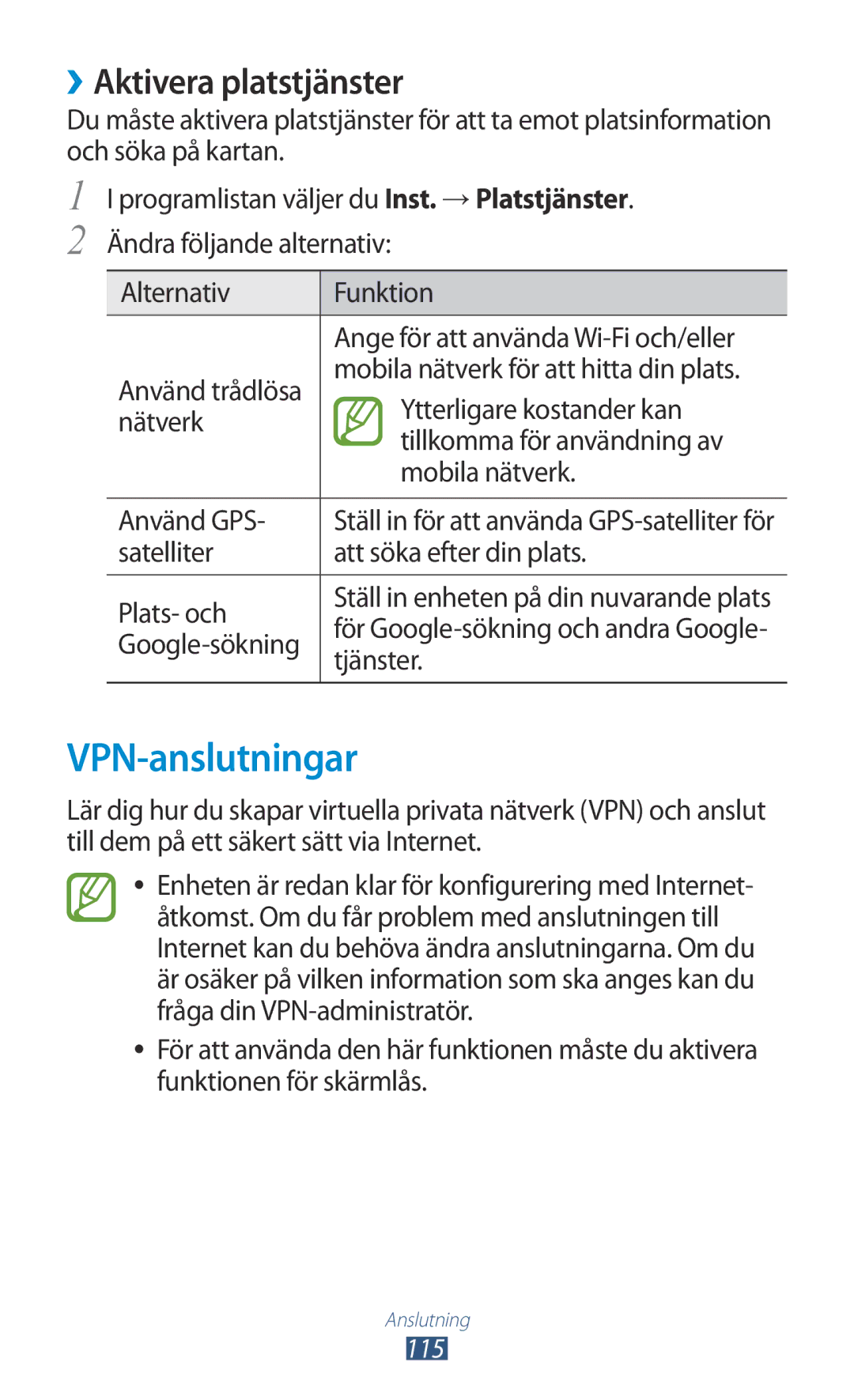 Samsung GT-P5100ZWENEE, GT-P5100GRANEE, GT-P5100ZWANEE, GT-P5100TSANEE manual VPN-anslutningar, ››Aktivera platstjänster 