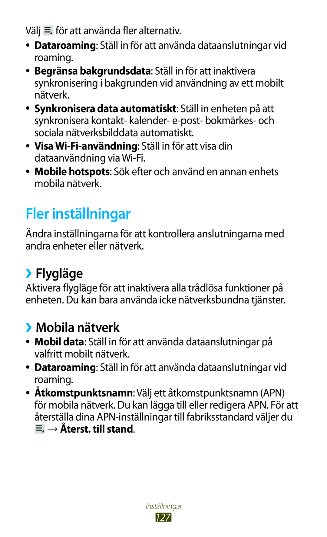 Samsung GT-P5100ZWENEE, GT-P5100GRANEE manual Fler inställningar, ››Flygläge, ››Mobila nätverk, →Återst. till stand 