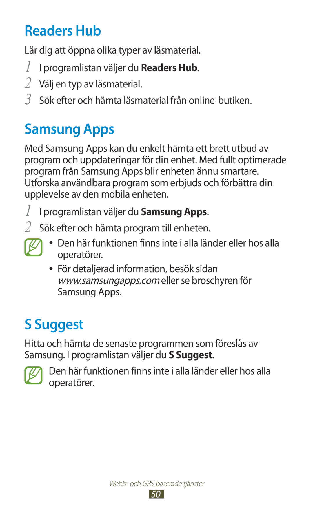 Samsung GT-P5100TSANEE, GT-P5100GRANEE, GT-P5100ZWANEE, GT-P5100ZWENEE manual Readers Hub, Samsung Apps, Suggest 