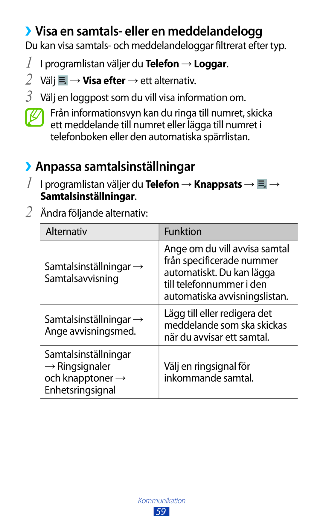 Samsung GT-P5100ZWENEE, GT-P5100GRANEE manual ››Visa en samtals- eller en meddelandelogg, ››Anpassa samtalsinställningar 