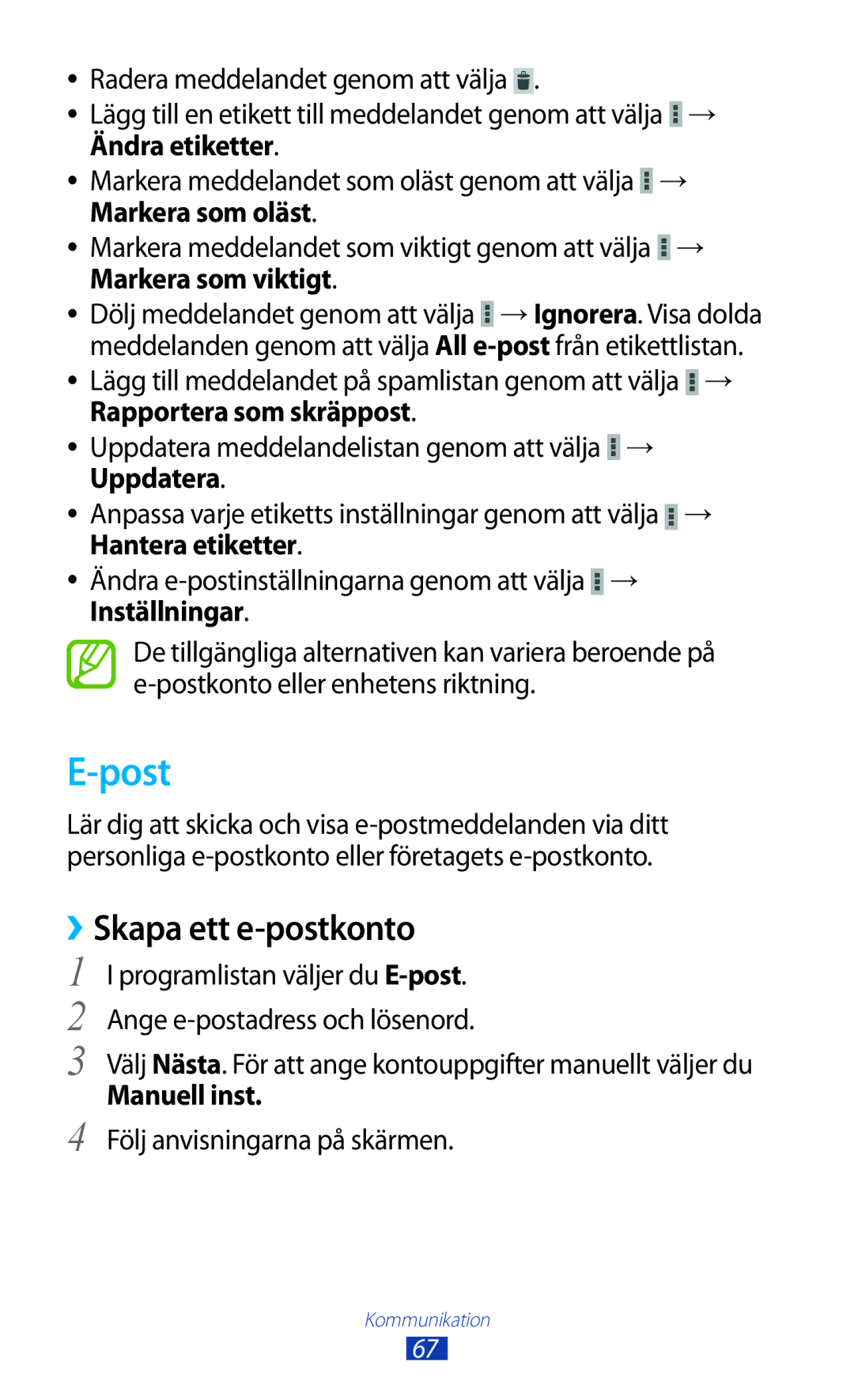 Samsung GT-P5100ZWENEE, GT-P5100GRANEE manual Post, ››Skapa ett e-postkonto, Manuell inst, Följ anvisningarna på skärmen 