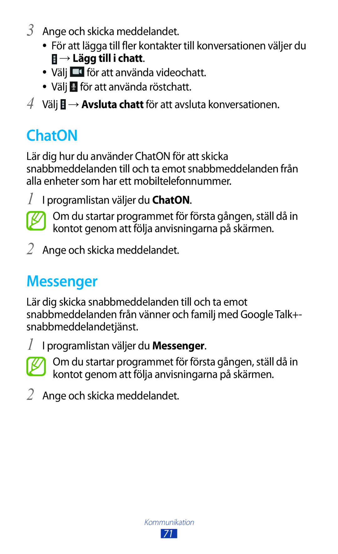 Samsung GT-P5100ZWENEE, GT-P5100GRANEE, GT-P5100ZWANEE, GT-P5100TSANEE manual ChatON, Messenger, →Lägg till i chatt 