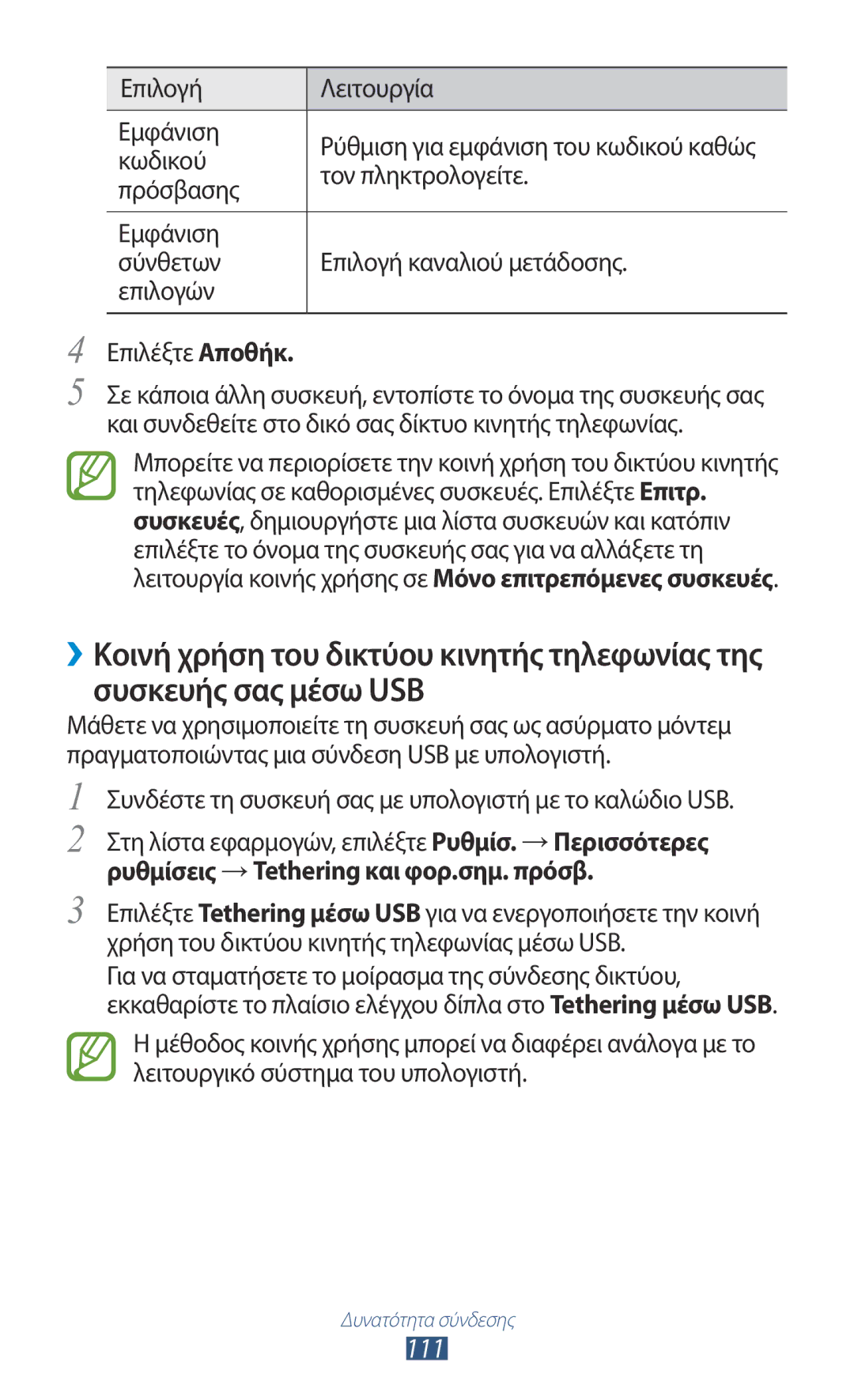 Samsung GT-P5100TSACYV, GT-P5100TSAEUR manual 111, Επιλογή Λειτουργία Εμφάνιση, Κωδικού, Τον πληκτρολογείτε, Πρόσβασης 