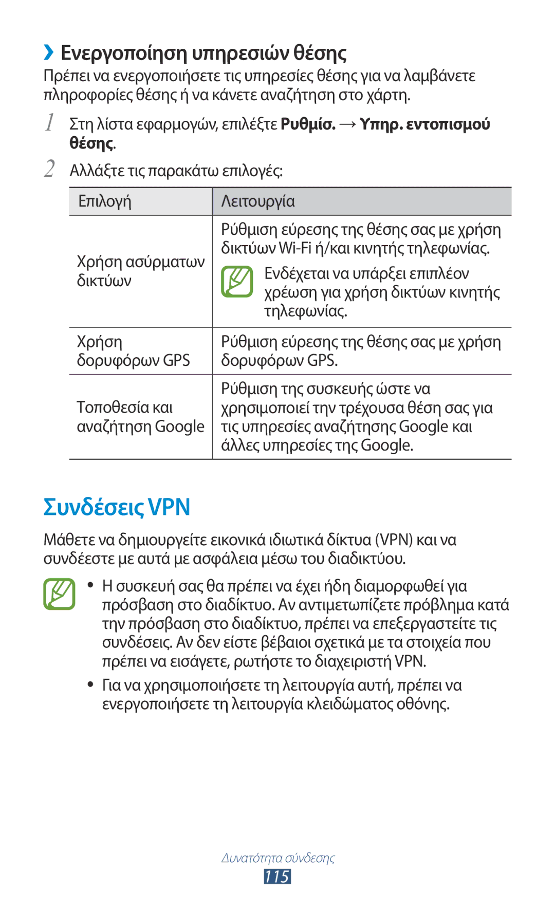 Samsung GT-P5100TSECYV, GT-P5100TSAEUR, GT-P5100ZWAEUR manual Συνδέσεις VPN, ››Ενεργοποίηση υπηρεσιών θέσης, 115, Θέσης 