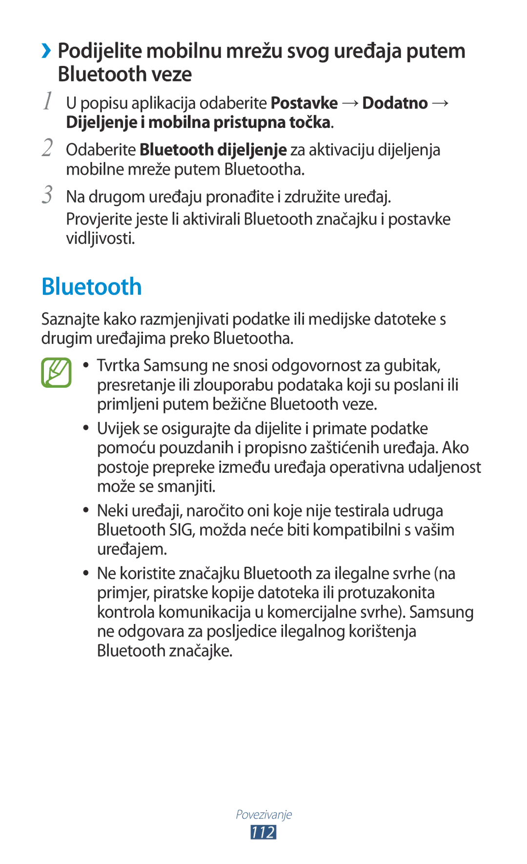 Samsung GT-P5100TSEVIP, GT-P5100TSATWO, GT-P5100ZWAERO, GT-P5100GRACRO, GT-P5100ZWATWO, GT-P5100TSACRO manual Bluetooth veze 