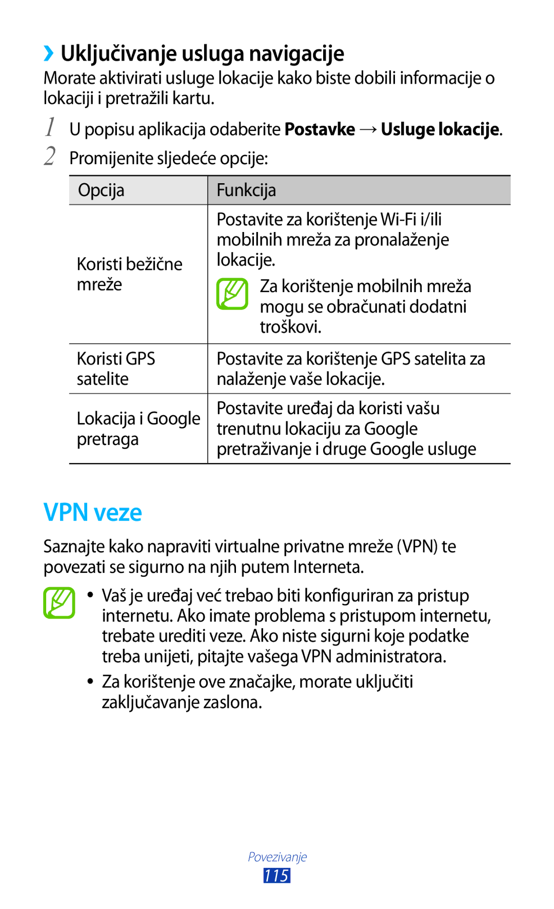 Samsung GT-P5100TSACRO, GT-P5100TSATWO, GT-P5100ZWAERO, GT-P5100TSEVIP manual VPN veze, ››Uključivanje usluga navigacije 