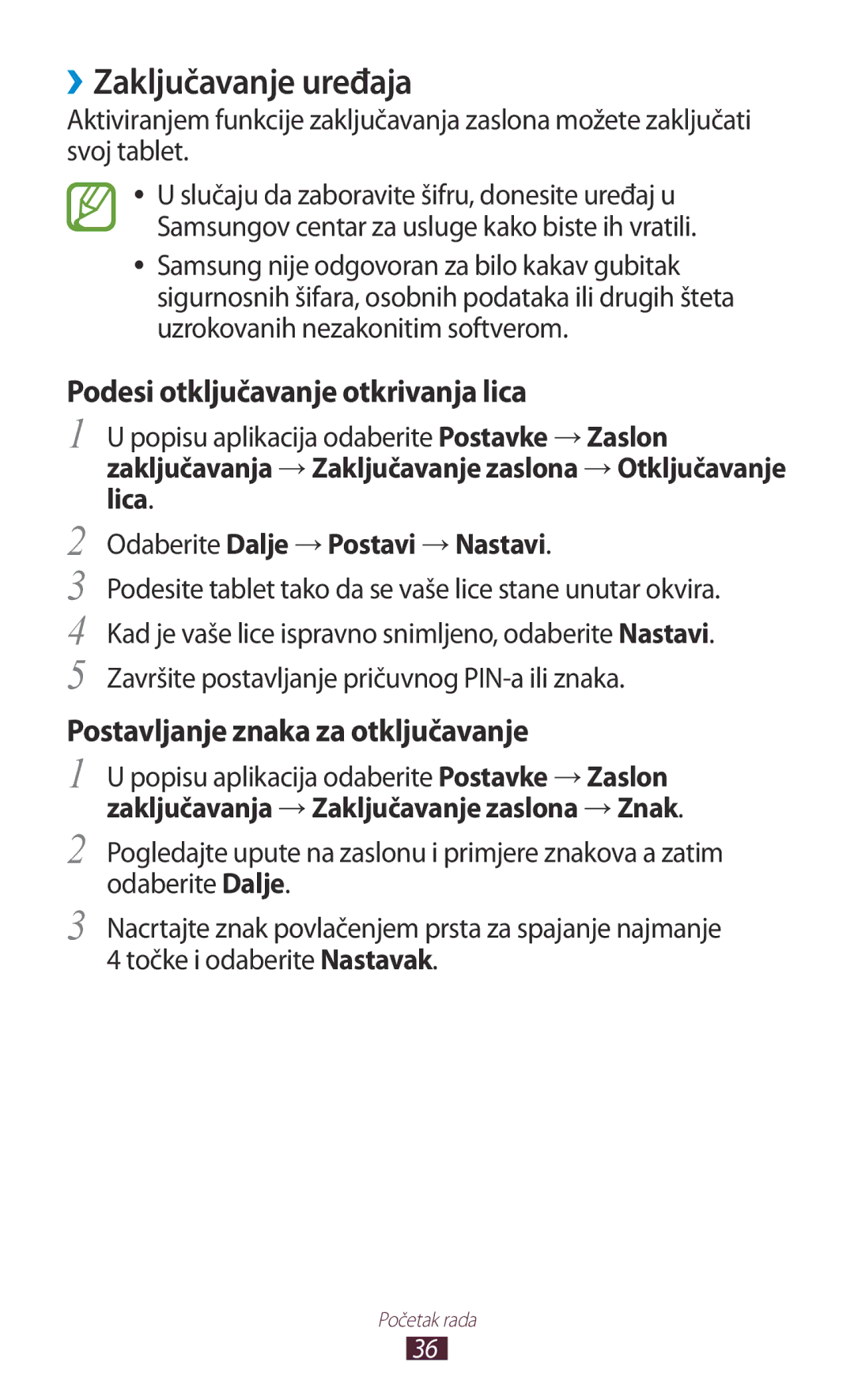 Samsung GT-P5100TSAMSR, GT-P5100TSATWO, GT-P5100ZWAERO manual ››Zaključavanje uređaja, Odaberite Dalje →Postavi →Nastavi 