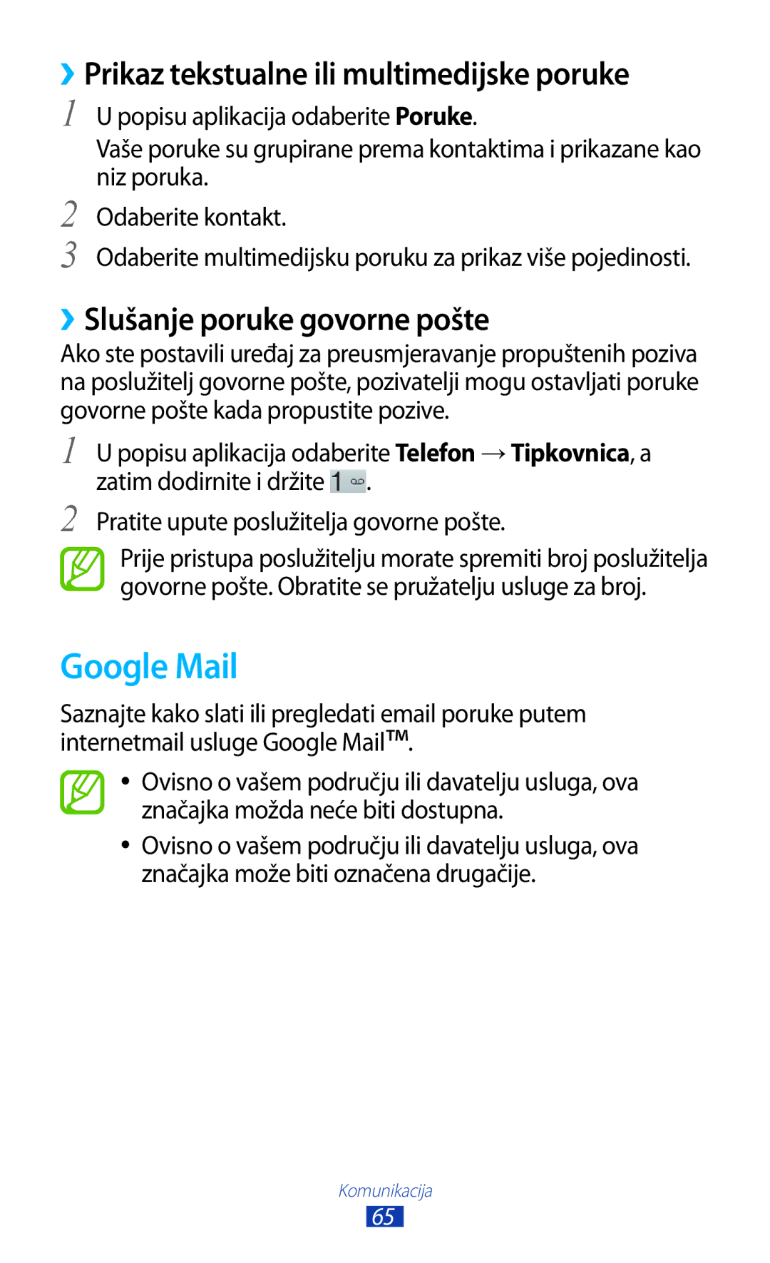 Samsung GT-P5100TSACRO manual Google Mail, ››Prikaz tekstualne ili multimedijske poruke, ››Slušanje poruke govorne pošte 