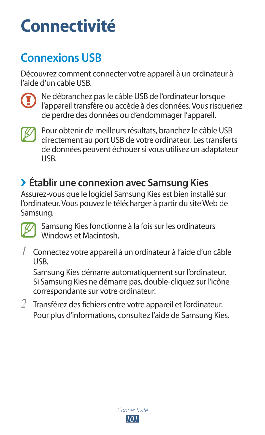 Samsung GT-P5100ZWASFR, GT-P5100TSAXEF, GT-P5100TSAFTM manual Connexions USB, ››Établir une connexion avec Samsung Kies, 101 