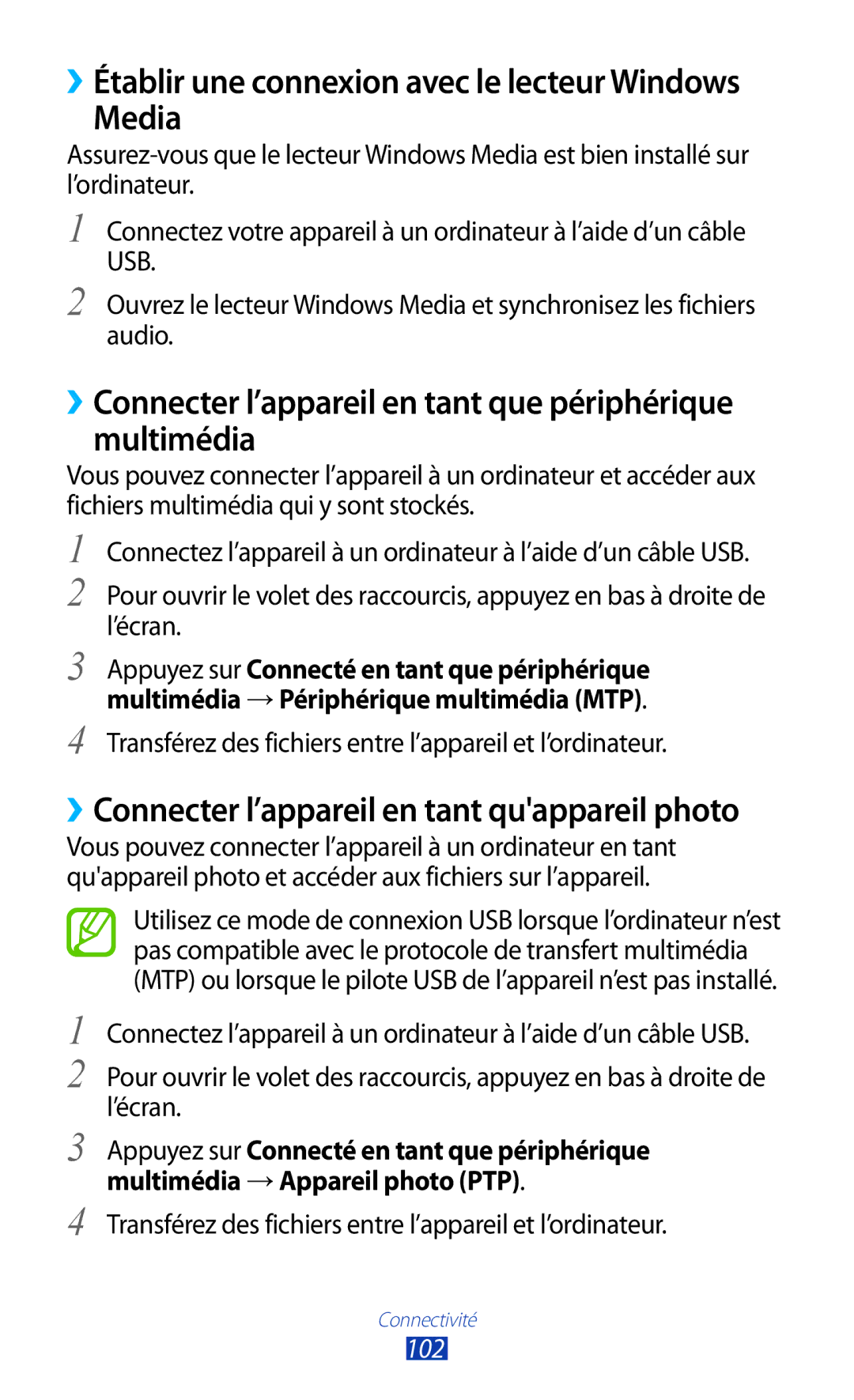 Samsung GT-P5100TSASFR, GT-P5100TSAXEF manual Media, ››Connecter l’appareil en tant que périphérique multimédia, 102 