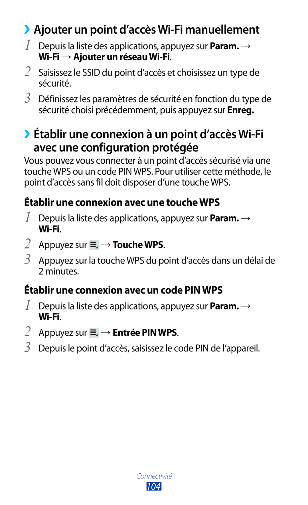 Samsung GT-P5100TSAXEF, GT-P5100TSAFTM ››Ajouter un point d’accès Wi-Fi manuellement, Wi-Fi → Ajouter un réseau Wi-Fi, 104 