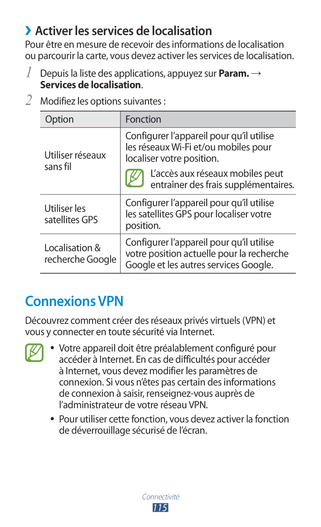 Samsung GT-P5100TSABOG, GT-P5100TSAXEF, GT-P5100TSAFTM manual Connexions VPN, ››Activer les services de localisation, 115 