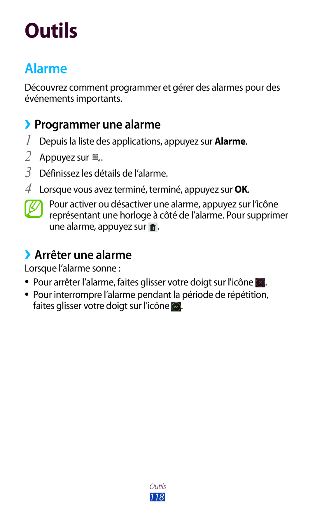 Samsung GT-P5100TSASFR, GT-P5100TSAXEF, GT-P5100TSAFTM manual Alarme, ››Programmer une alarme, ››Arrêter une alarme, 118 