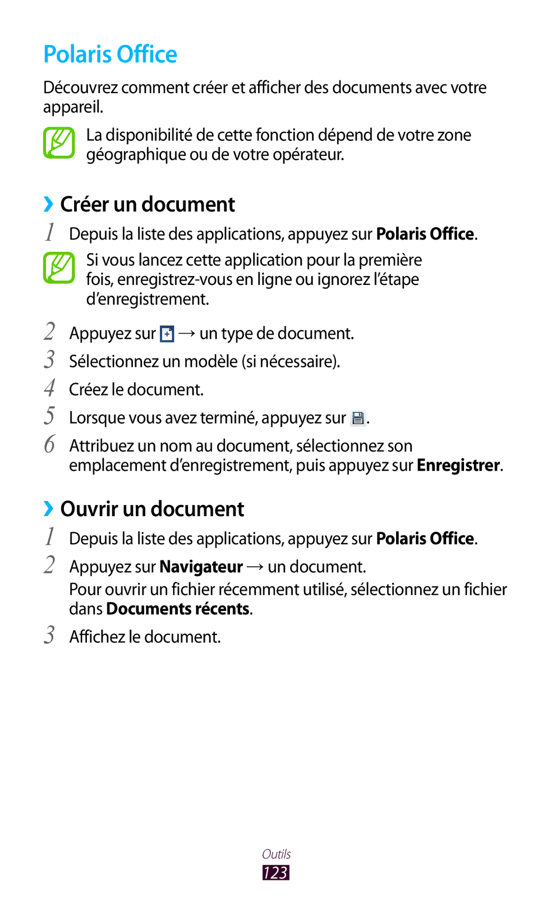 Samsung GT-P5100TSABOG, GT-P5100TSAXEF, GT-P5100TSAFTM manual Polaris Office, ››Créer un document, ››Ouvrir un document, 123 