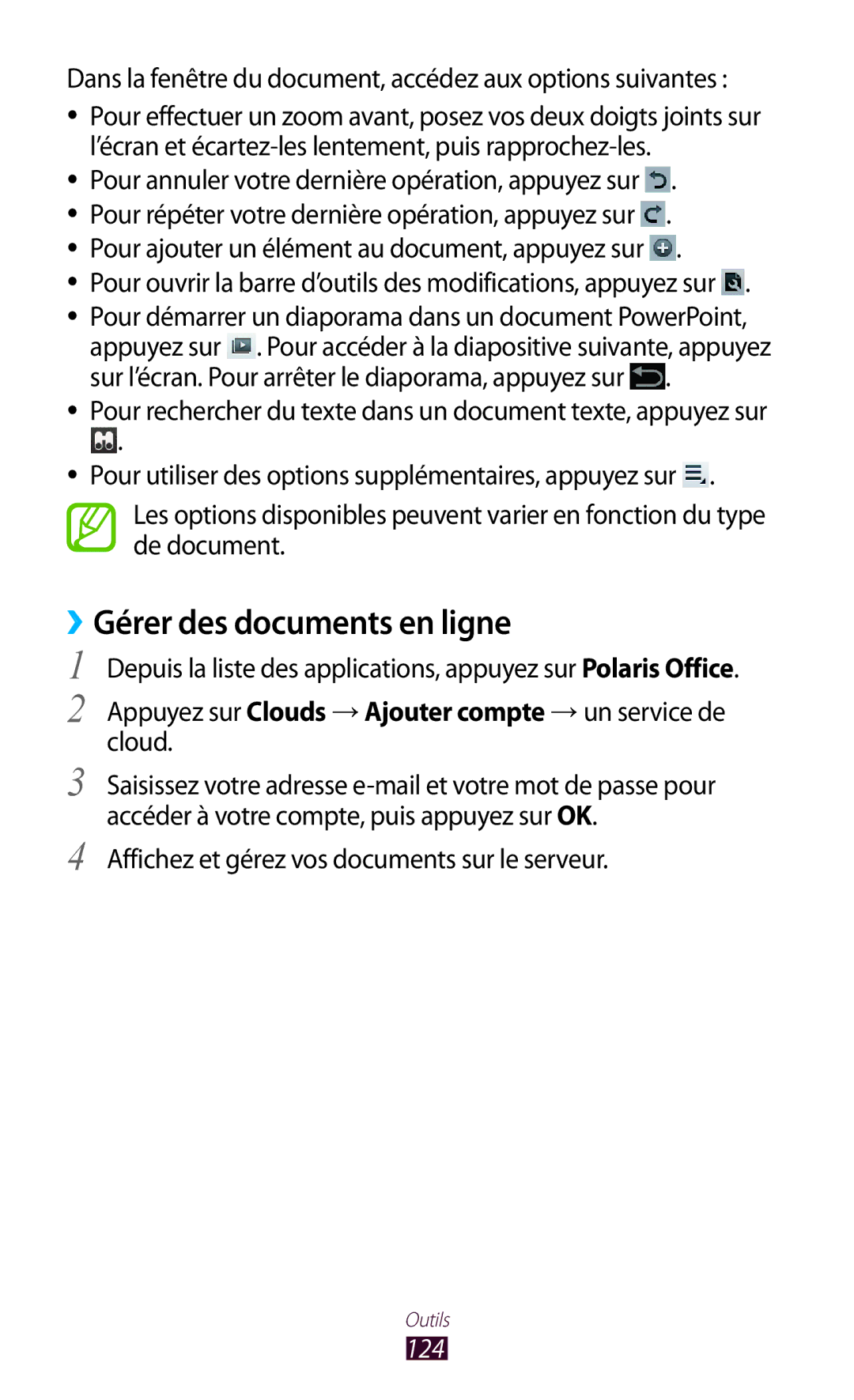Samsung GT-P5100ZWAXEF ››Gérer des documents en ligne, Dans la fenêtre du document, accédez aux options suivantes, 124 