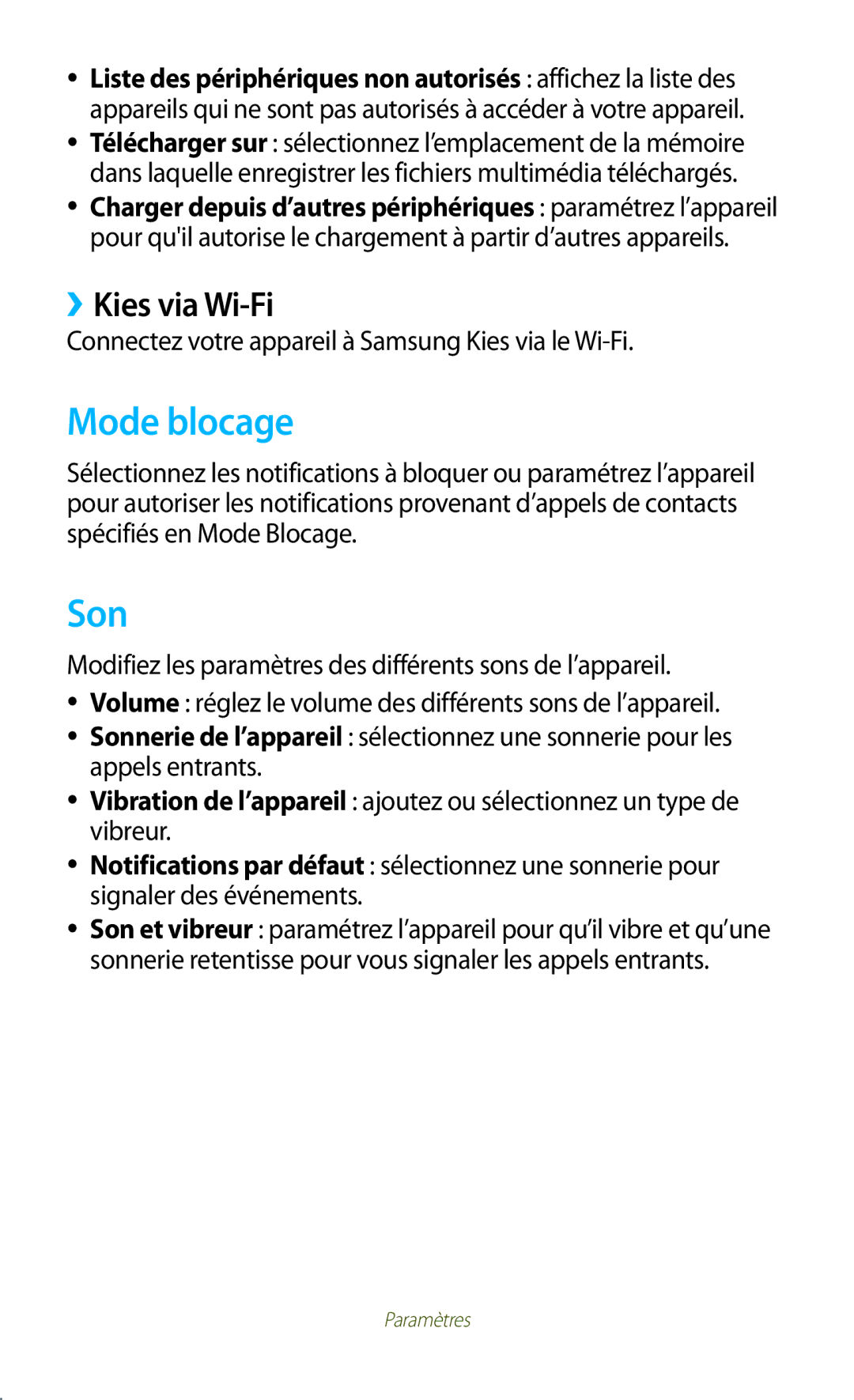 Samsung GT-P5100TSAFTM Mode blocage, Son, ››Kies via Wi-Fi, Connectez votre appareil à Samsung Kies via le Wi-Fi, 129 