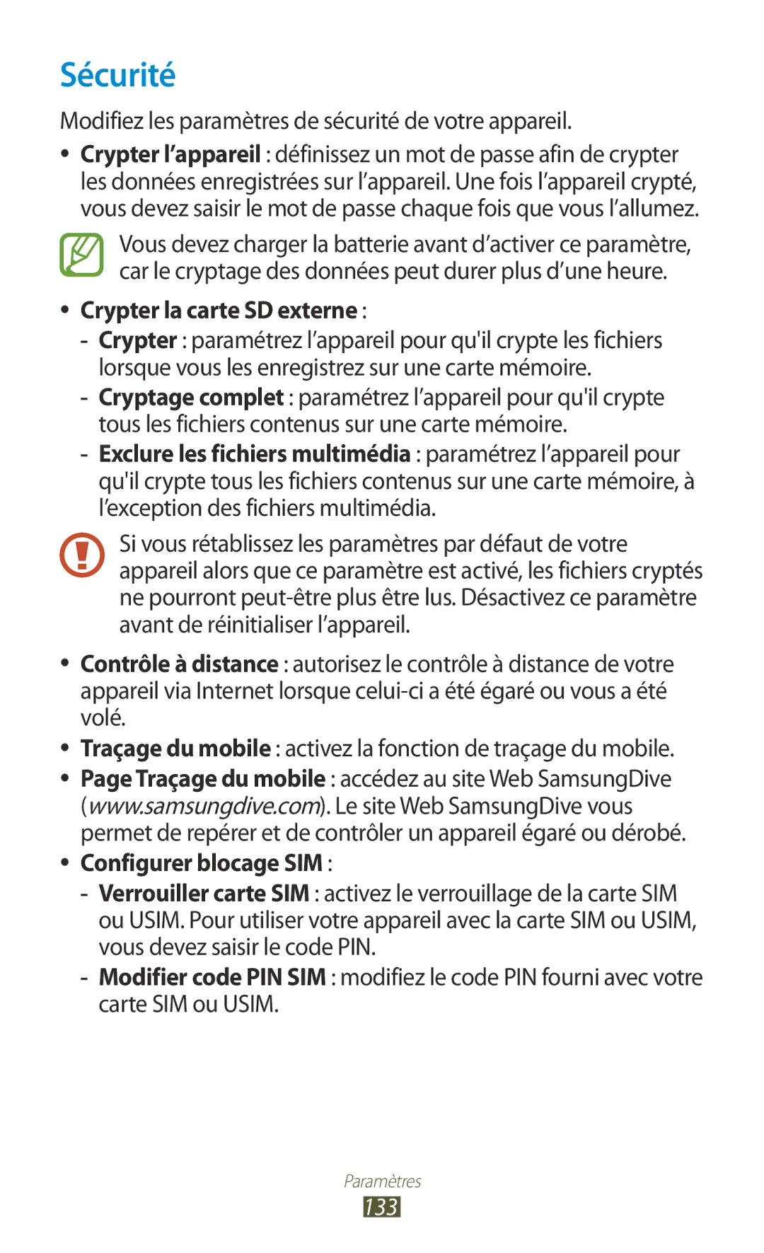 Samsung GT-P5100ZWASFR Sécurité, Modifiez les paramètres de sécurité de votre appareil, Crypter la carte SD externe, 133 