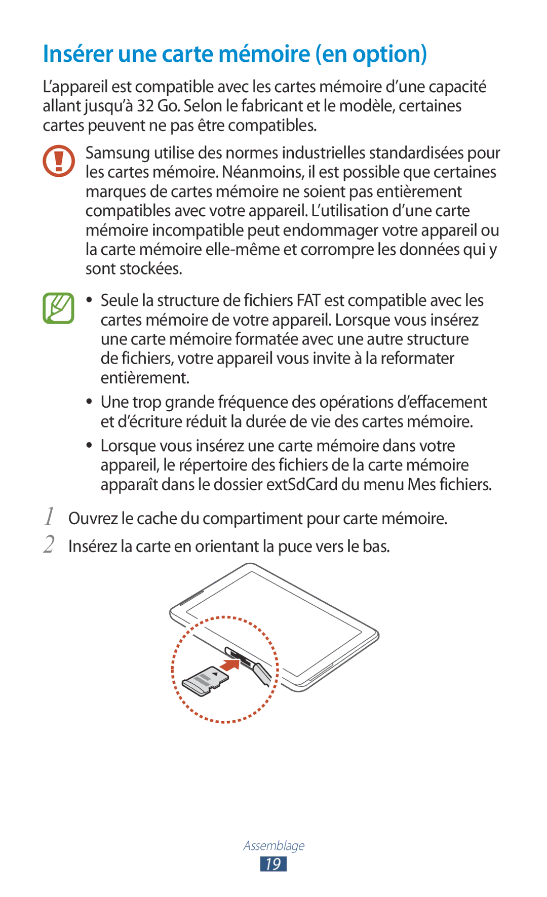 Samsung GT-P5100TSABOG, GT-P5100TSAXEF, GT-P5100TSAFTM, GT-P5100TSEXEF, GT-P5100ZWAXEF Insérer une carte mémoire en option 