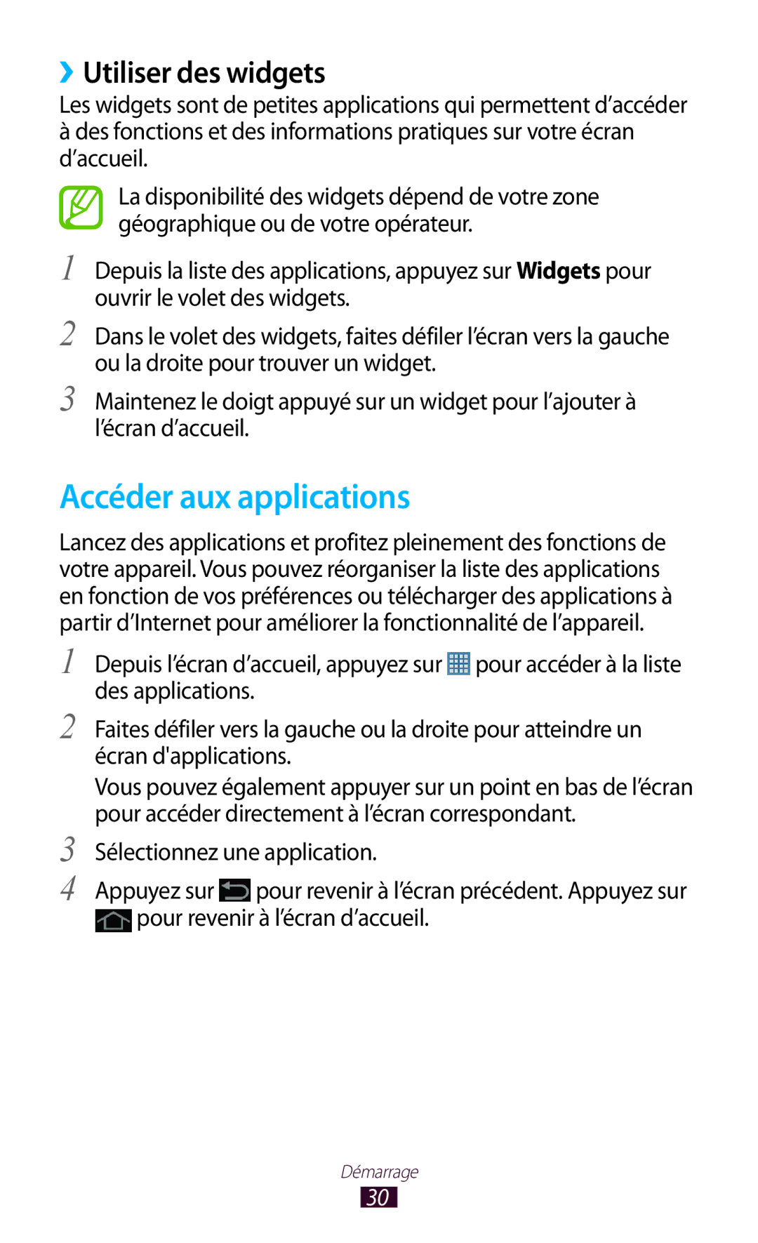 Samsung GT-P5100TSASFR, GT-P5100TSAXEF, GT-P5100TSAFTM, GT-P5100TSEXEF manual Accéder aux applications, ››Utiliser des widgets 