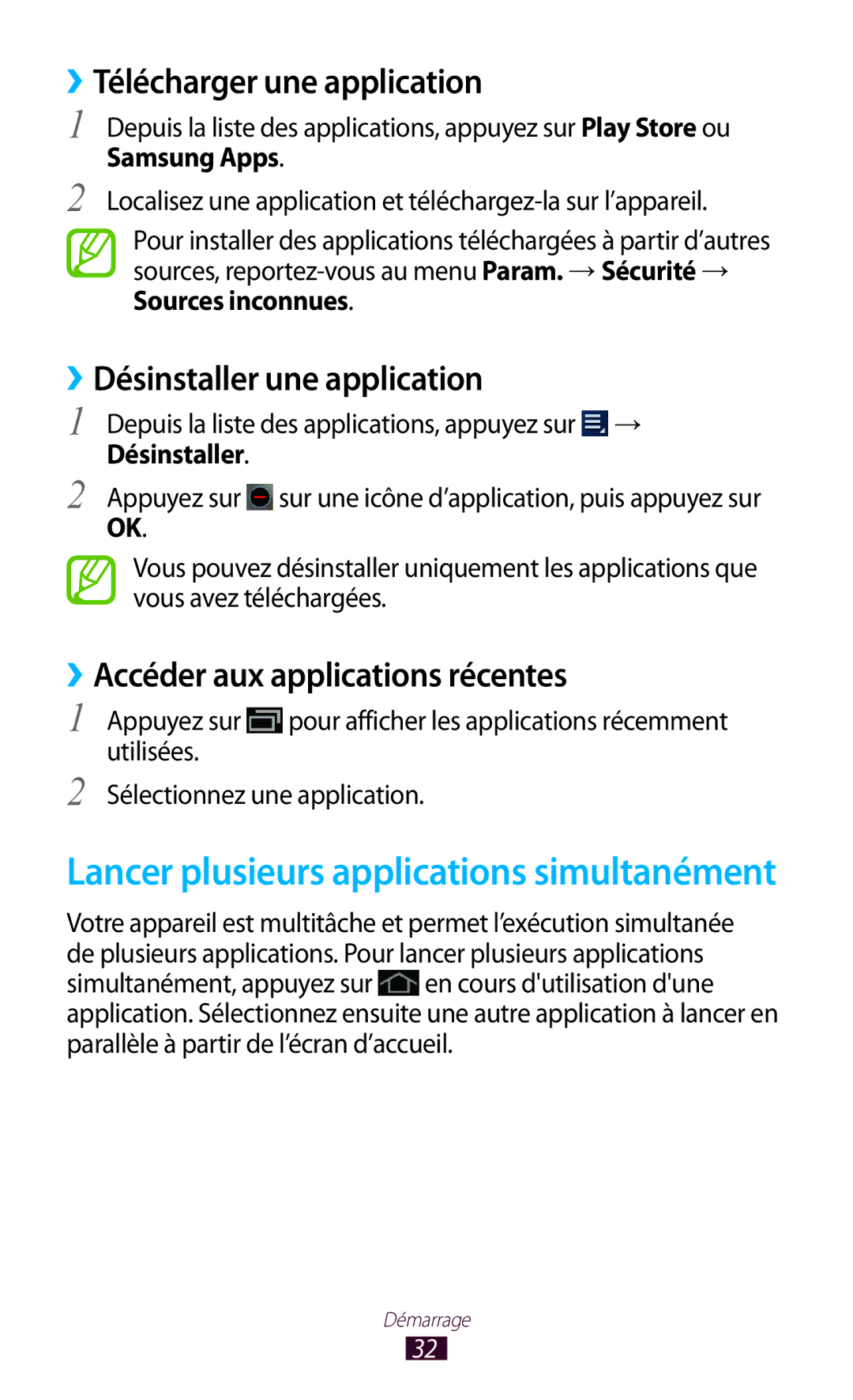 Samsung GT-P5100TSAXEF ››Télécharger une application, Désinstaller une application, ››Accéder aux applications récentes 