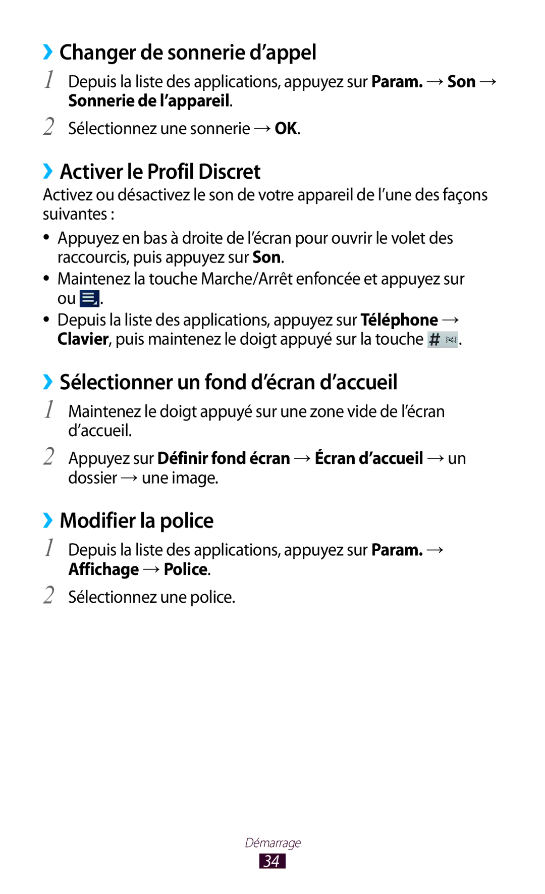 Samsung GT-P5100TSEXEF, GT-P5100TSAXEF ››Changer de sonnerie d’appel, ››Activer le Profil Discret, ››Modifier la police 