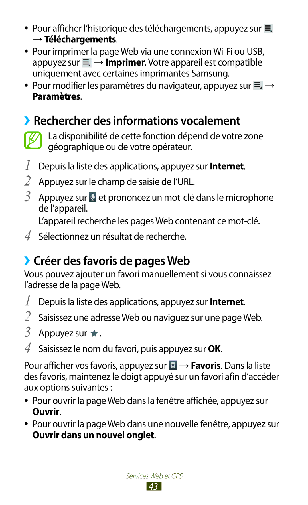 Samsung GT-P5100TSABOG manual ››Rechercher des informations vocalement, ››Créer des favoris de pages Web, → Téléchargements 