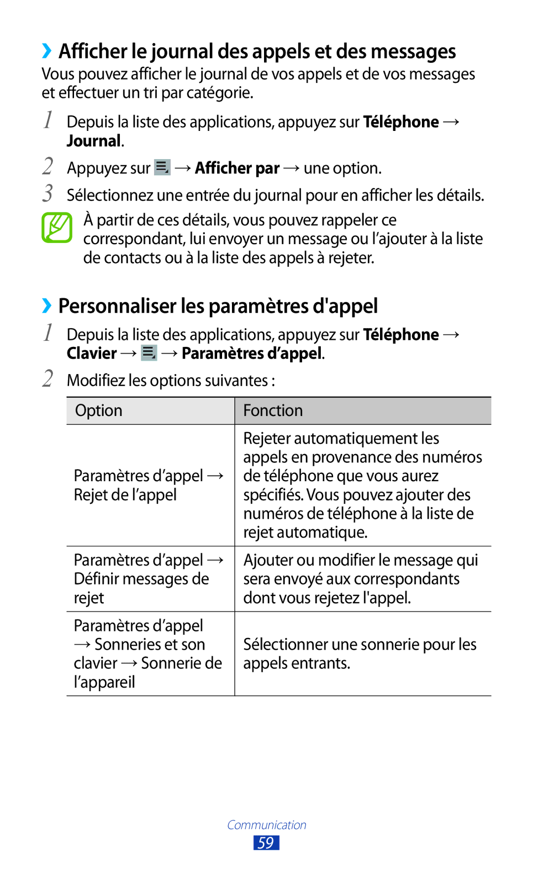 Samsung GT-P5100TSABOG, GT-P5100TSAXEF manual ››Personnaliser les paramètres dappel, Journal, Clavier → → Paramètres d’appel 