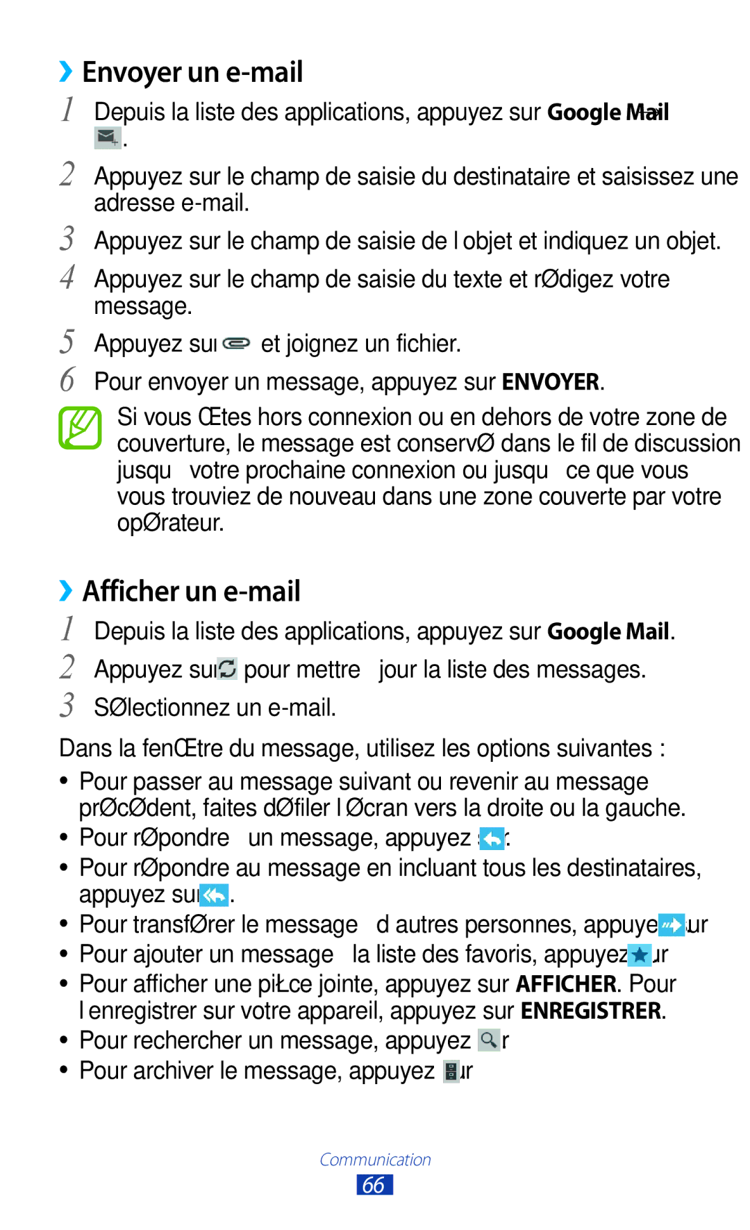 Samsung GT-P5100TSEXEF, GT-P5100TSAXEF, GT-P5100TSAFTM, GT-P5100TSABOG manual ››Envoyer un e-mail, ››Afficher un e-mail 