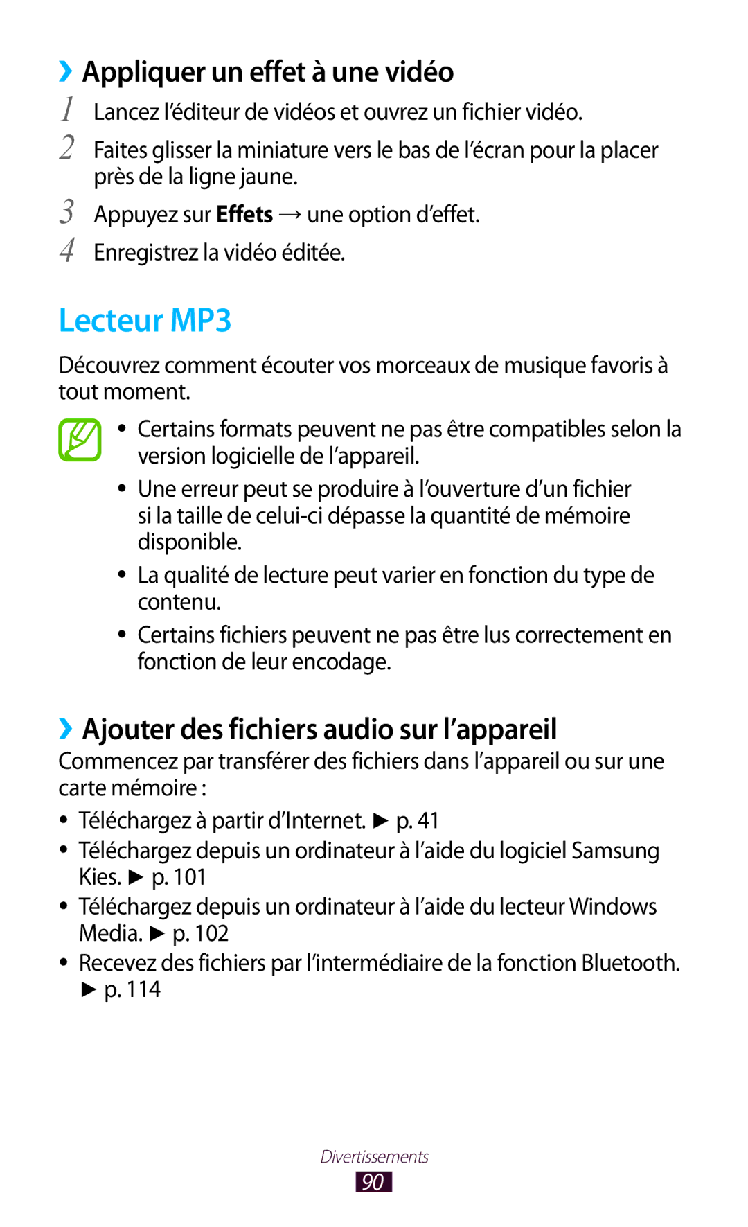 Samsung GT-P5100TSEXEF manual Lecteur MP3, ››Appliquer un effet à une vidéo, ››Ajouter des fichiers audio sur l’appareil 