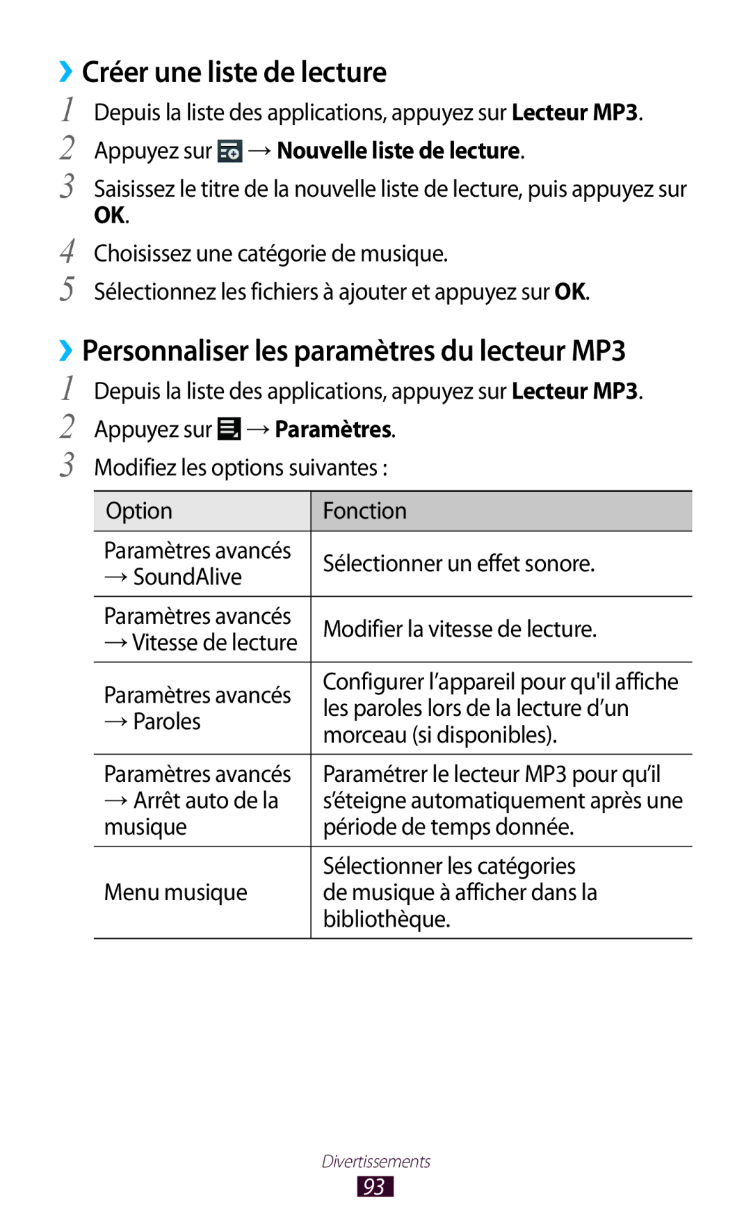 Samsung GT-P5100ZWASFR, GT-P5100TSAXEF manual ››Créer une liste de lecture, ››Personnaliser les paramètres du lecteur MP3 
