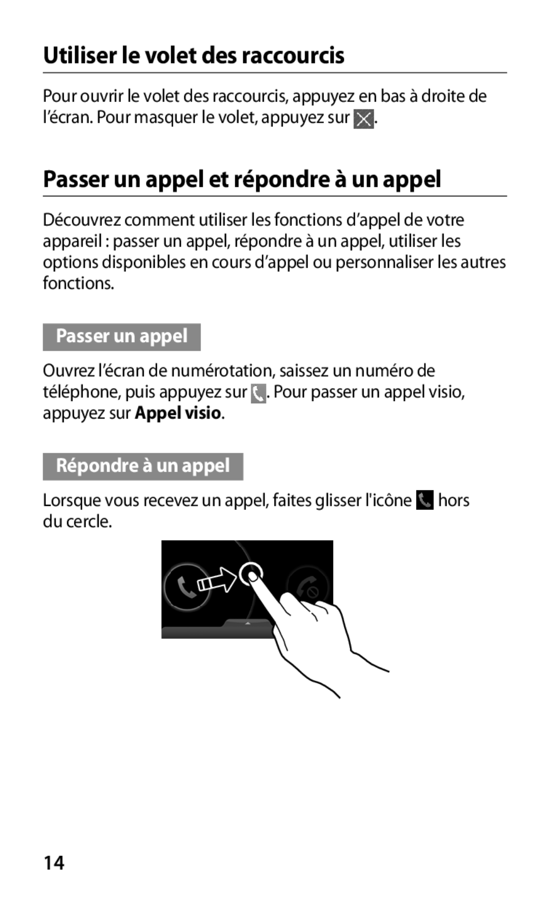 Samsung GT-P5100TSASFR, GT-P5100TSAXEF manual Utiliser le volet des raccourcis, Passer un appel et répondre à un appel 