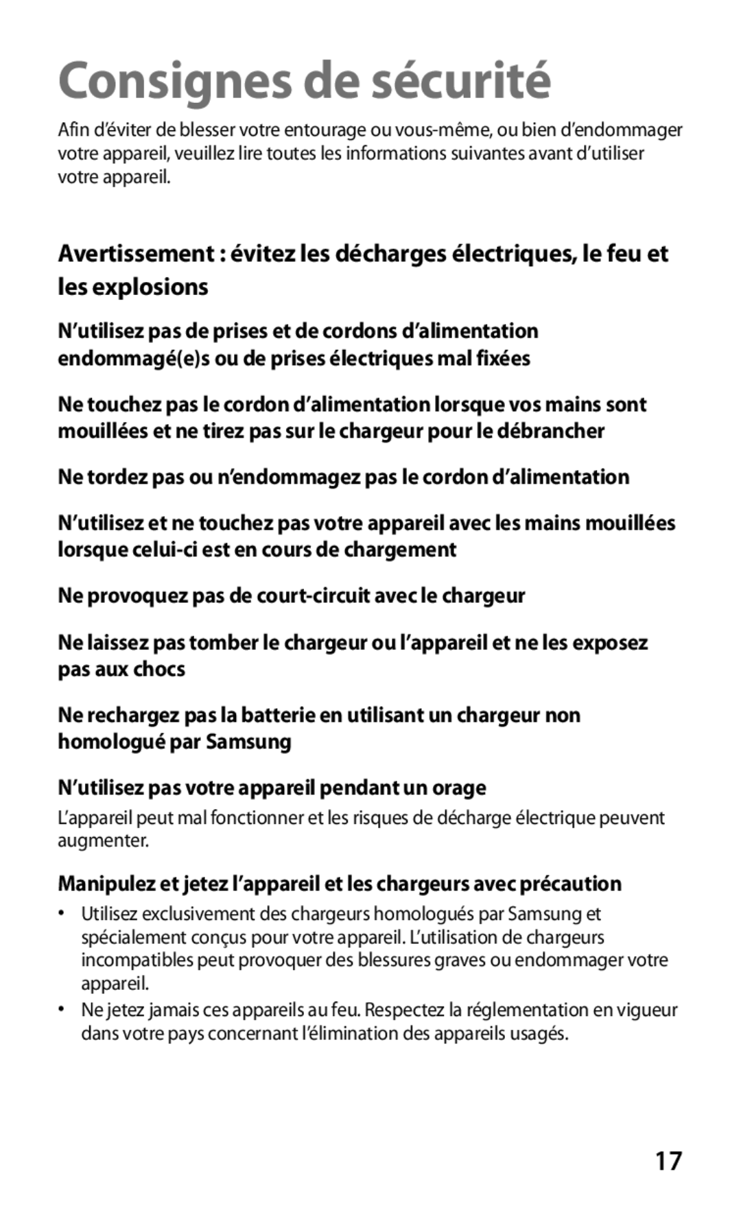 Samsung GT-P5100TSAFTM, GT-P5100TSAXEF, GT-P5100TSEXEF, GT-P5100TSABOG, GT-P5100ZWAXEF, GT-P5100ZWASFR Consignes de sécurité 