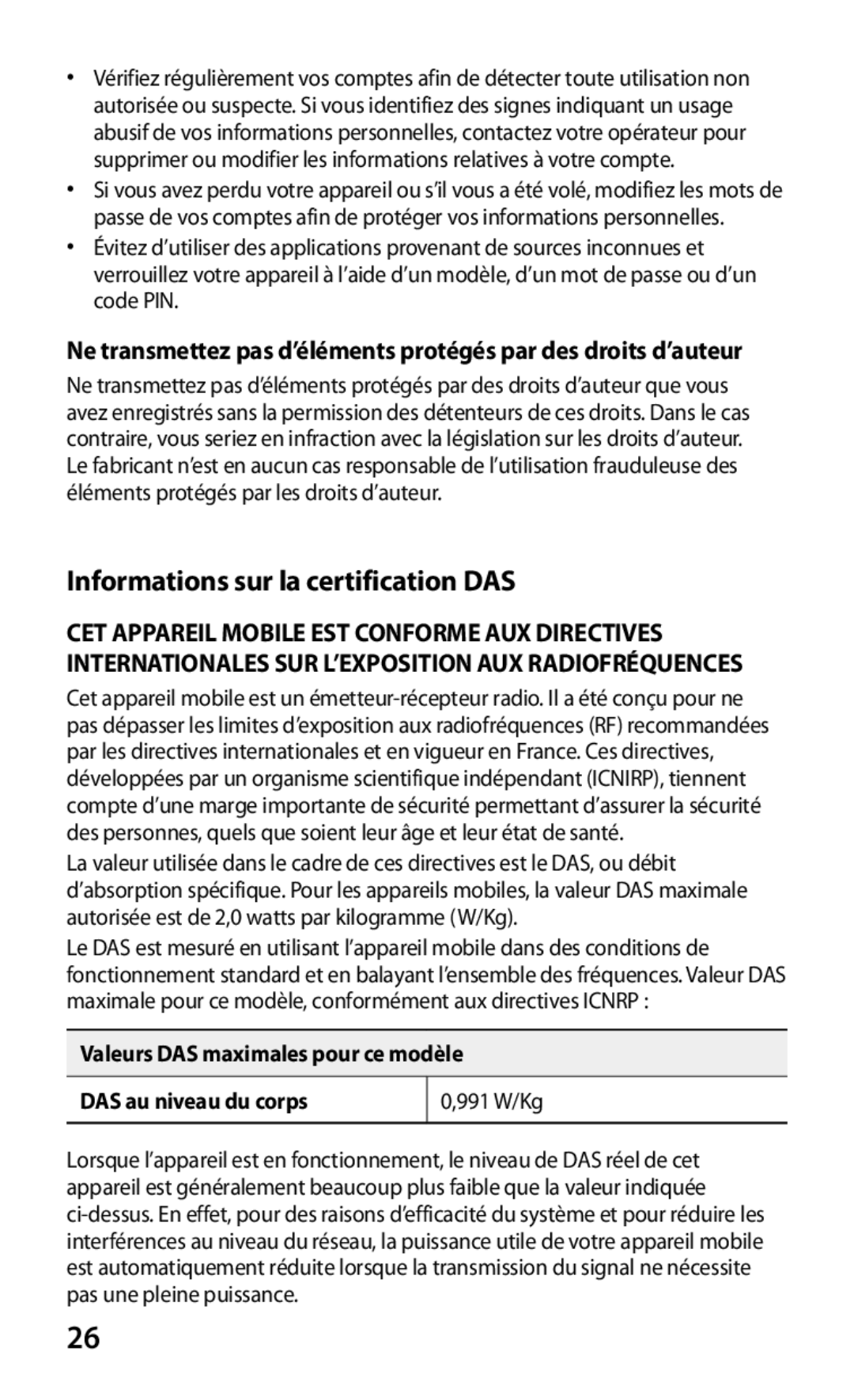 Samsung GT-P5100TSEXEF Informations sur la certification DAS, Valeurs DAS maximales pour ce modèle DAS au niveau du corps 