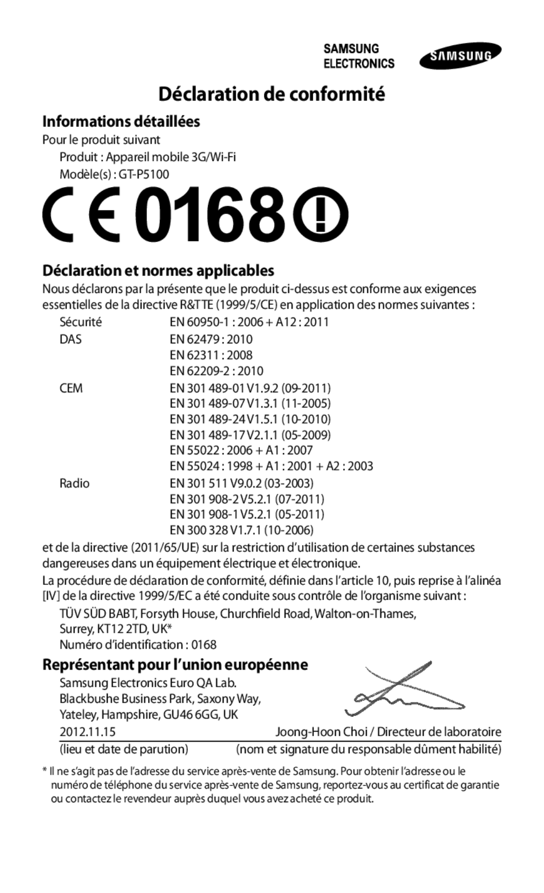 Samsung GT-P5100TSASFR Informations détaillées, Déclaration et normes applicables, Représentant pour l’union européenne 