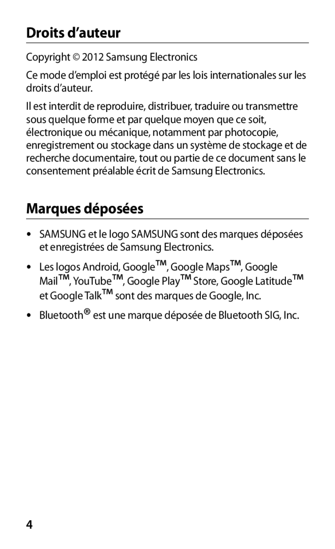 Samsung GT-P5100ZWAXEF, GT-P5100TSAXEF, GT-P5100TSAFTM, GT-P5100TSEXEF, GT-P5100TSABOG manual Droits d’auteur, Marques déposées 