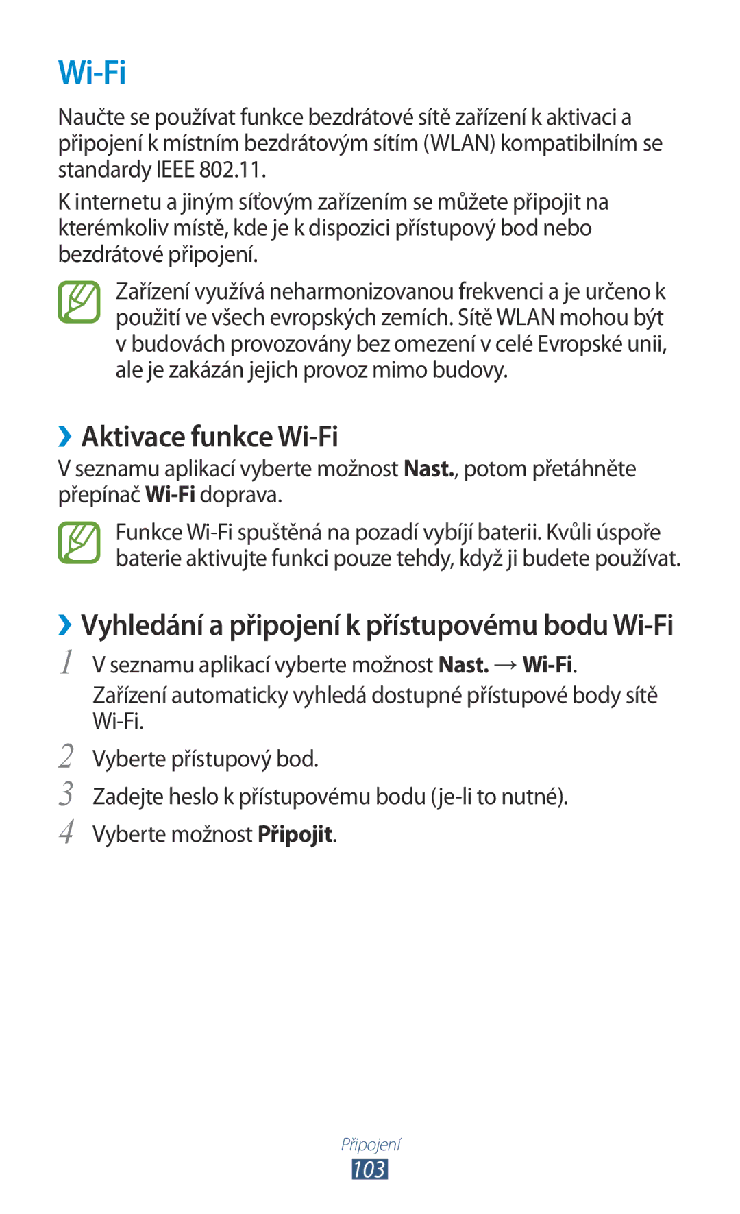 Samsung GT-P5100TSAPRT, GT-P5100TSAXEO, GT-P5100TSAATO, GT-P5100ZWABGL, GT-P5100ZWACOA manual ››Aktivace funkce Wi-Fi, 103 