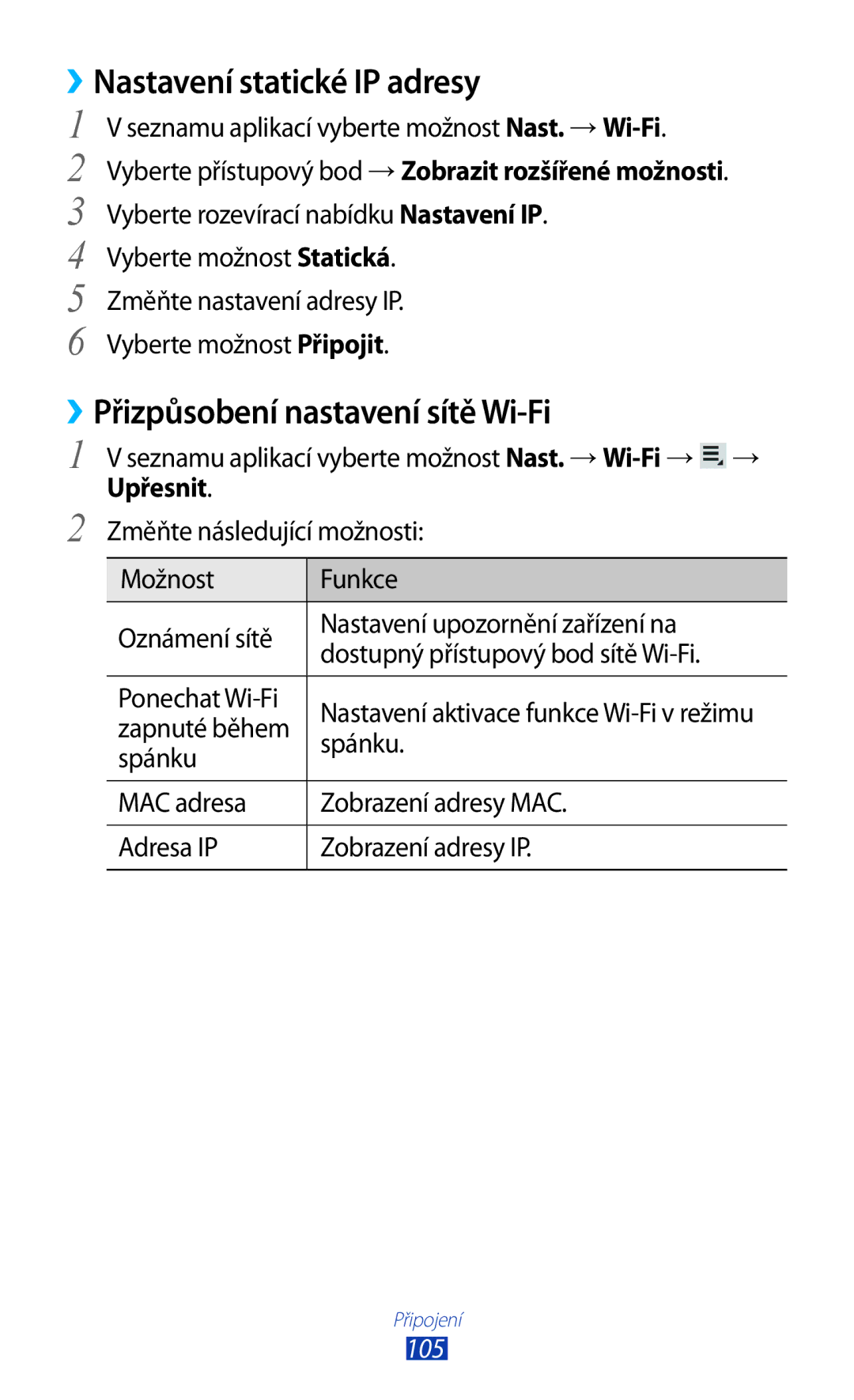 Samsung GT-P5100ZWAXEZ, GT-P5100TSAXEO manual ››Nastavení statické IP adresy, ››Přizpůsobení nastavení sítě Wi-Fi, 105 