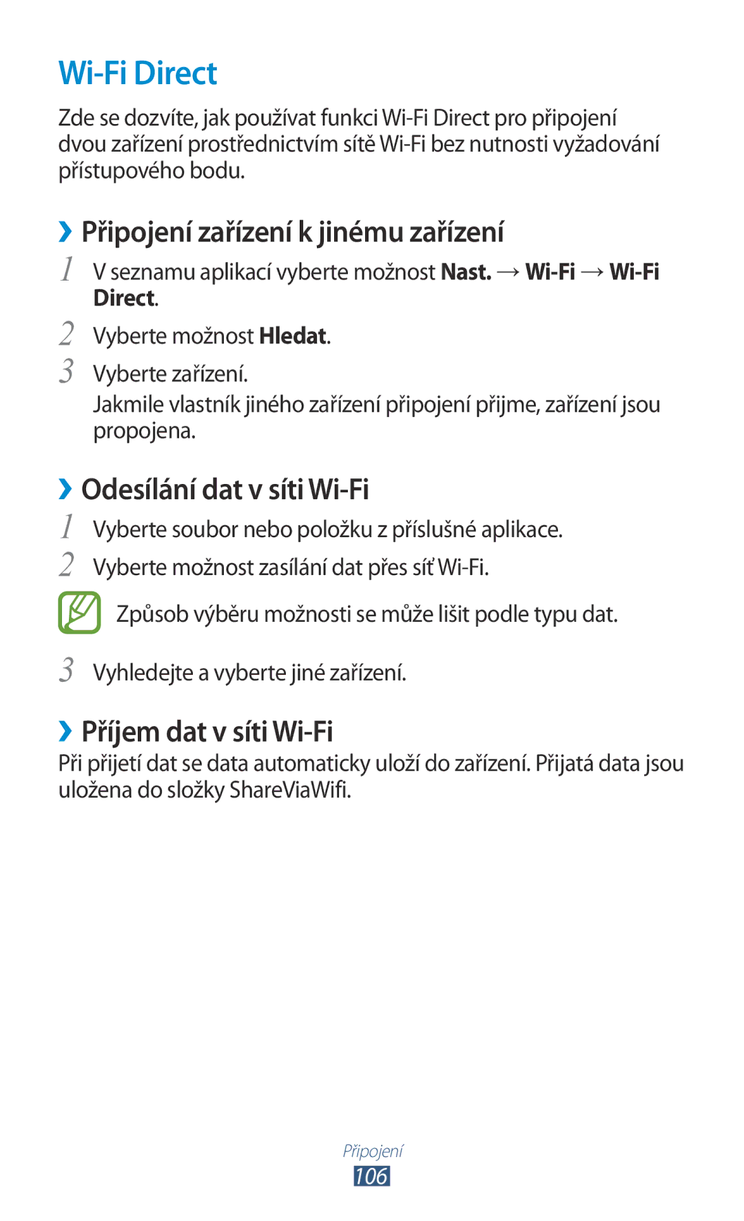 Samsung GT-P5100TSAXSK, GT-P5100TSAXEO Wi-Fi Direct, ››Připojení zařízení k jinému zařízení, ››Odesílání dat v síti Wi-Fi 