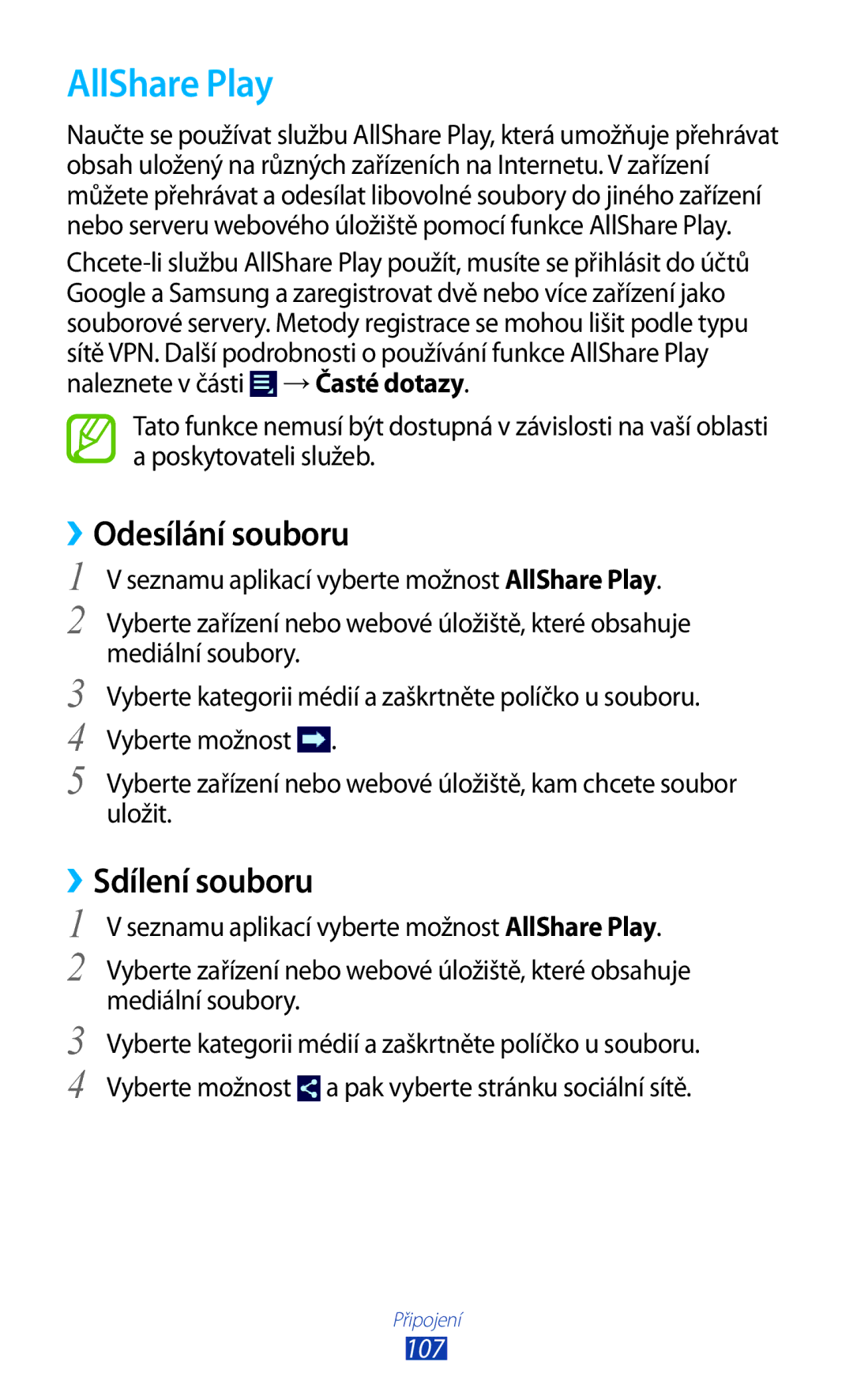 Samsung GT-P5100TSEXSK, GT-P5100TSAXEO, GT-P5100TSAATO manual AllShare Play, ››Odesílání souboru, ››Sdílení souboru, 107 