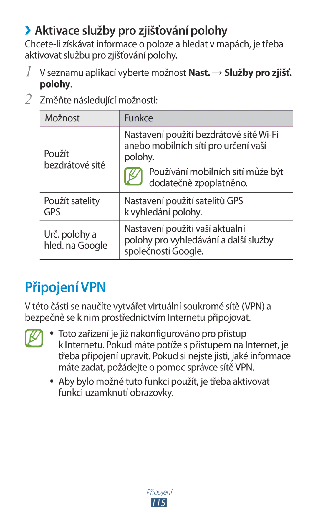 Samsung GT-P5100TSAATO, GT-P5100TSAXEO, GT-P5100ZWABGL Připojení VPN, ››Aktivace služby pro zjišťování polohy, Polohy, 115 